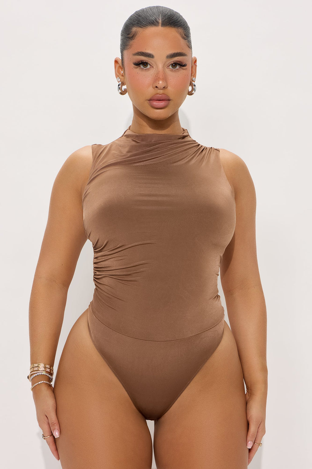 My Choice Ruched High Neck Bodysuit - Chocolate