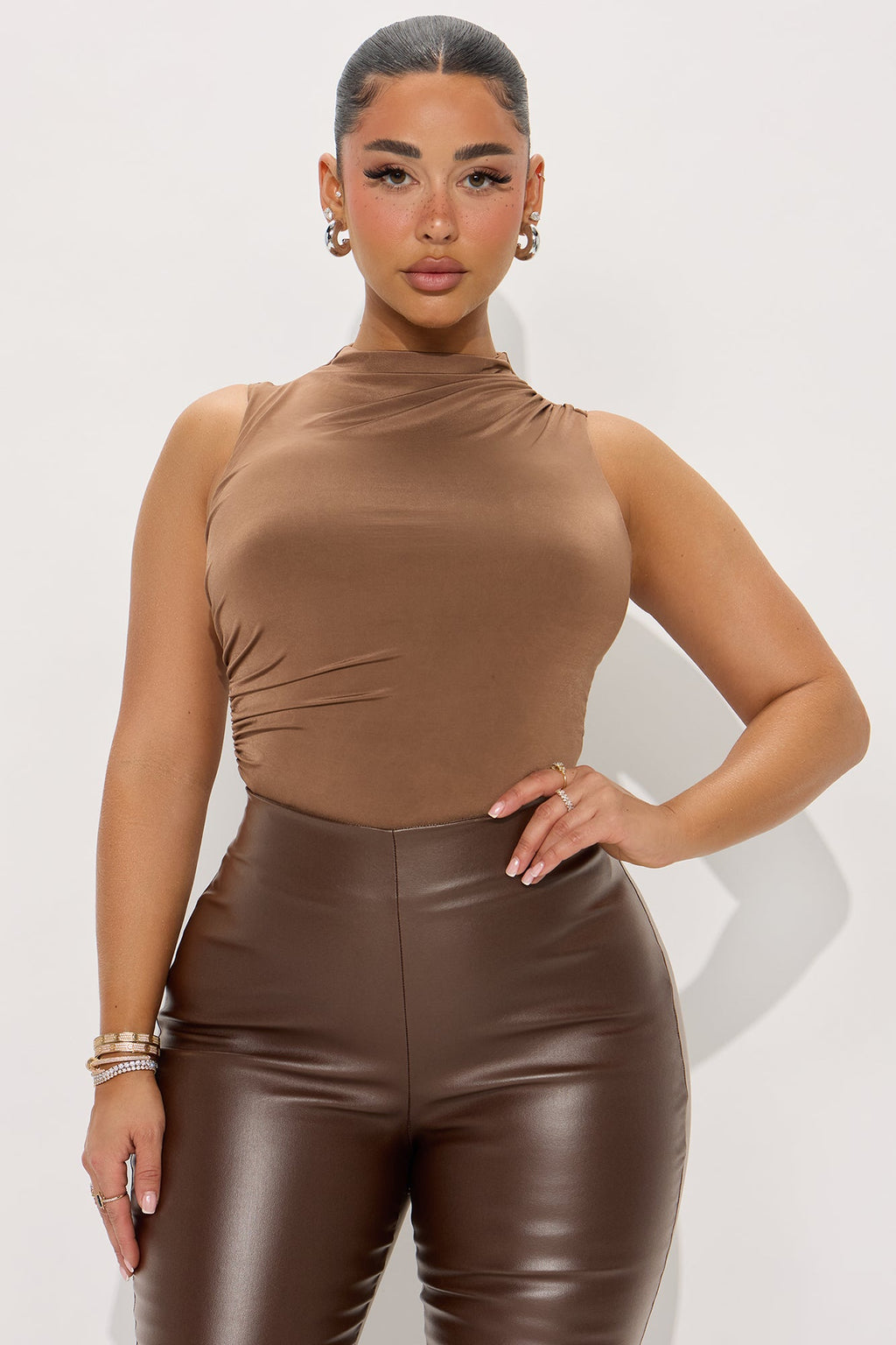 My Choice Ruched High Neck Bodysuit - Chocolate