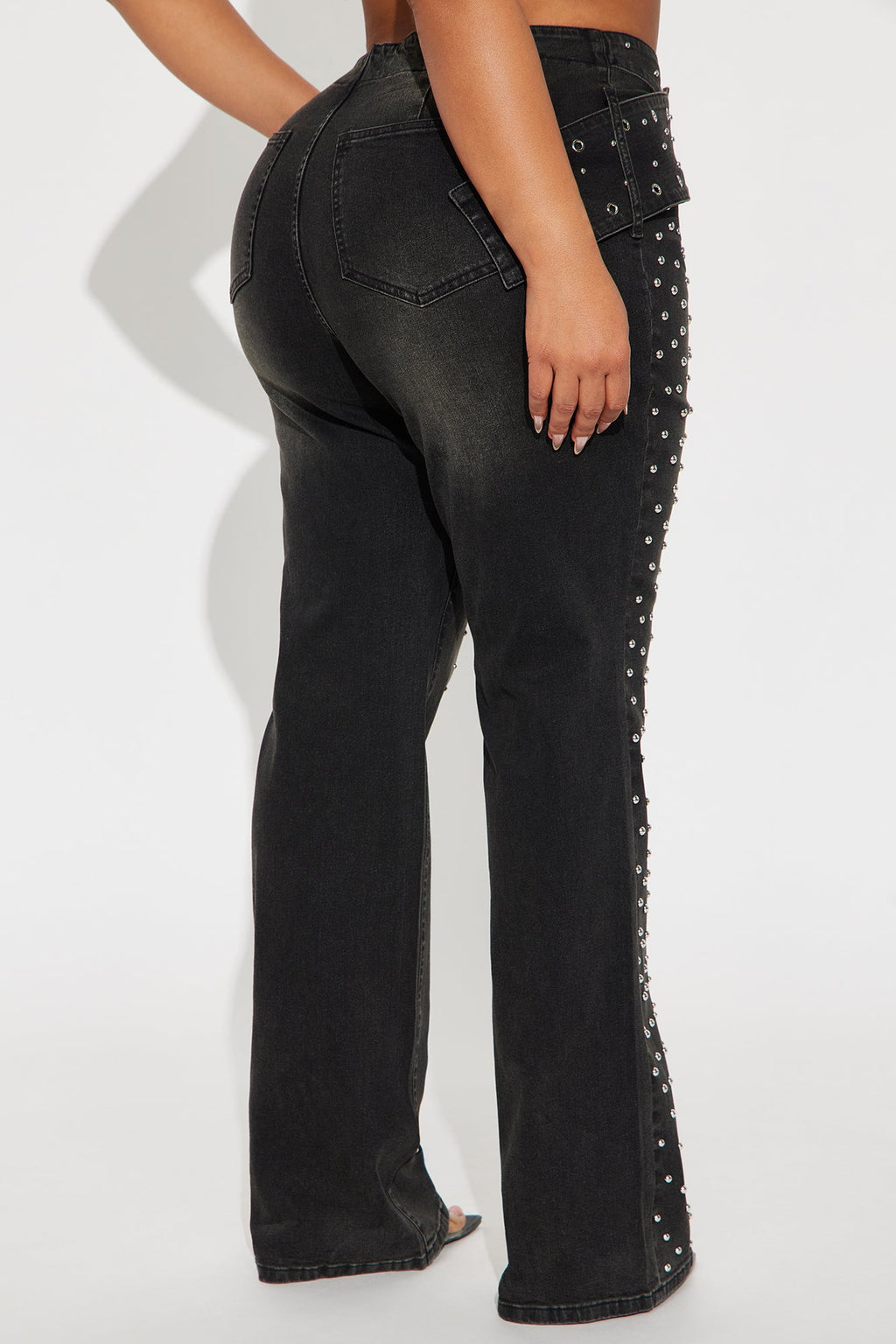 Let's Get It Studded Mid Rise Flare Jeans - Black Wash