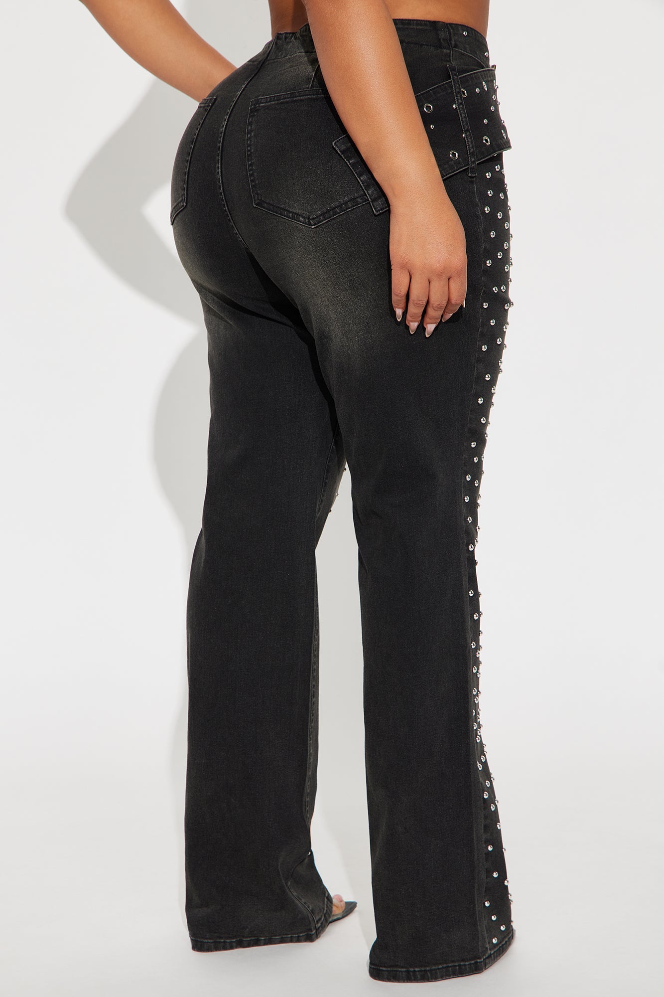 Let's Get It Studded Mid Rise Flare Jeans - Black Wash