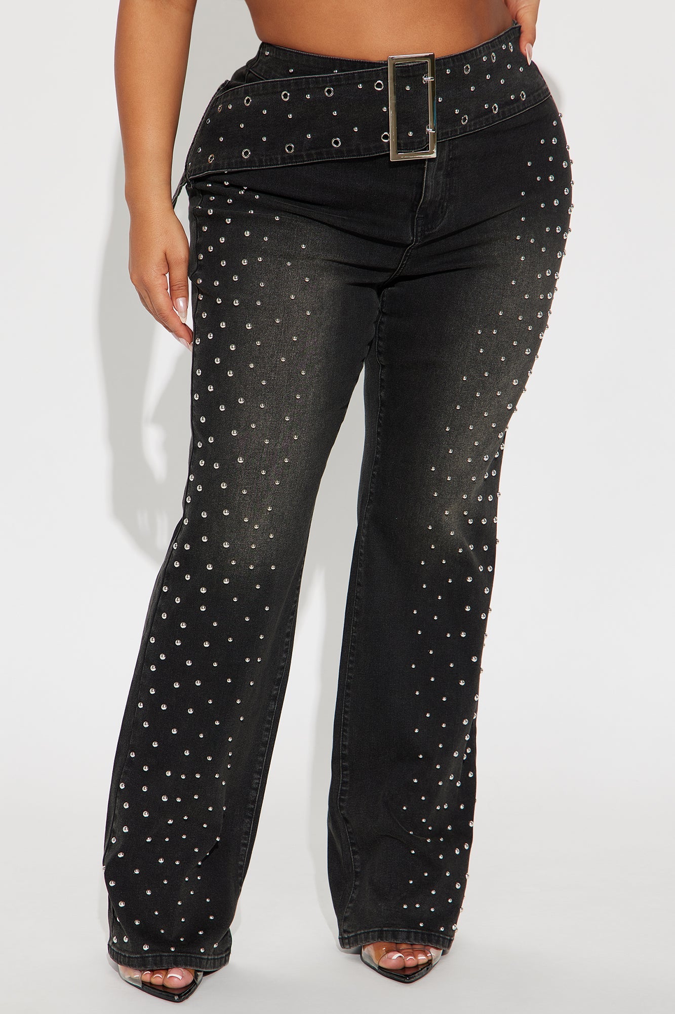 Let's Get It Studded Mid Rise Flare Jeans - Black Wash