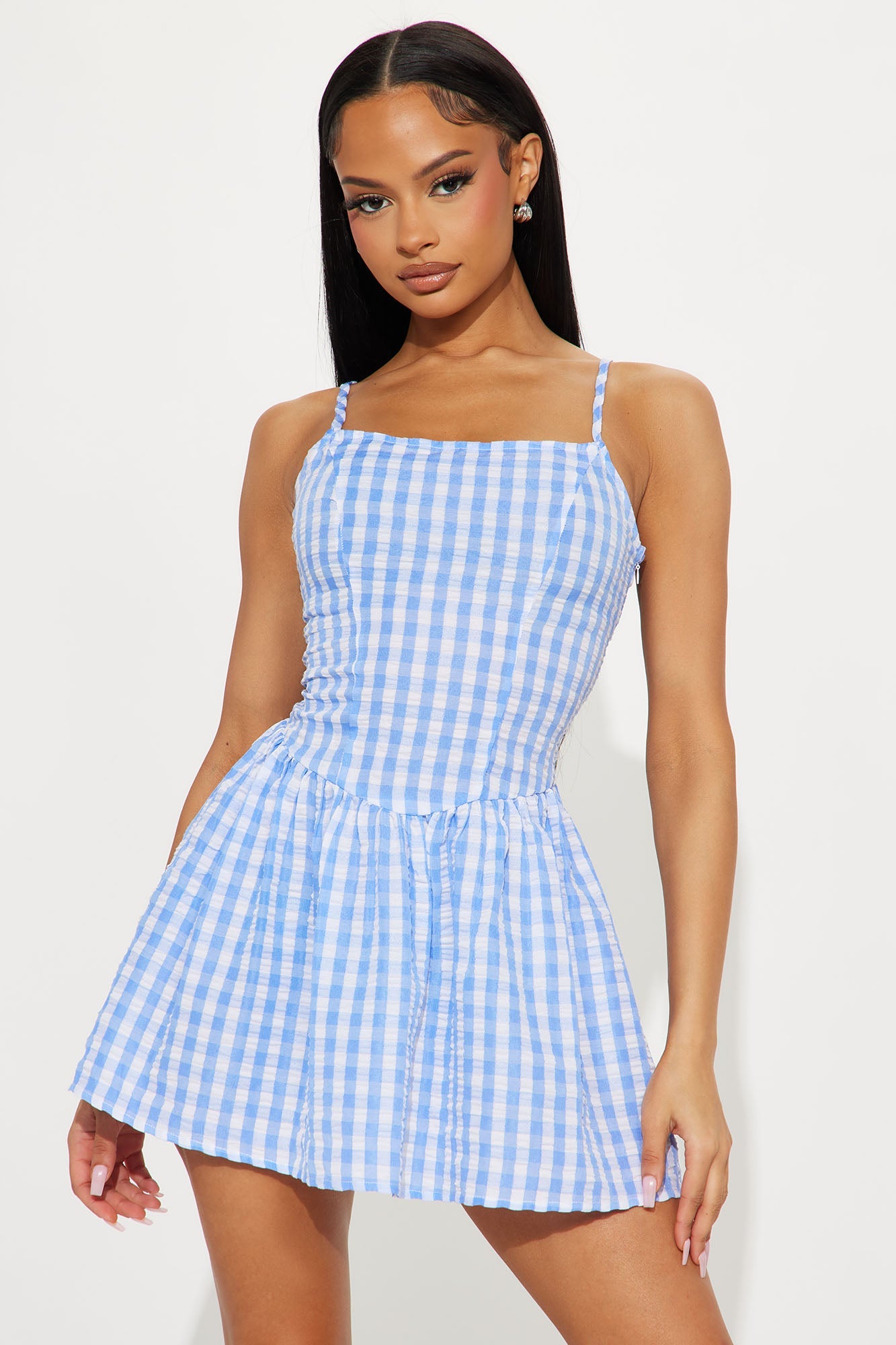 Julianna Gingham Micro Mini Dress - Blue/combo