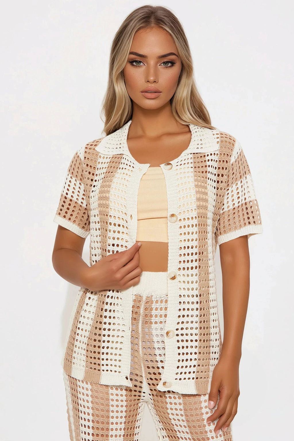 Hayden Crochet Pant Set - Taupe/combo