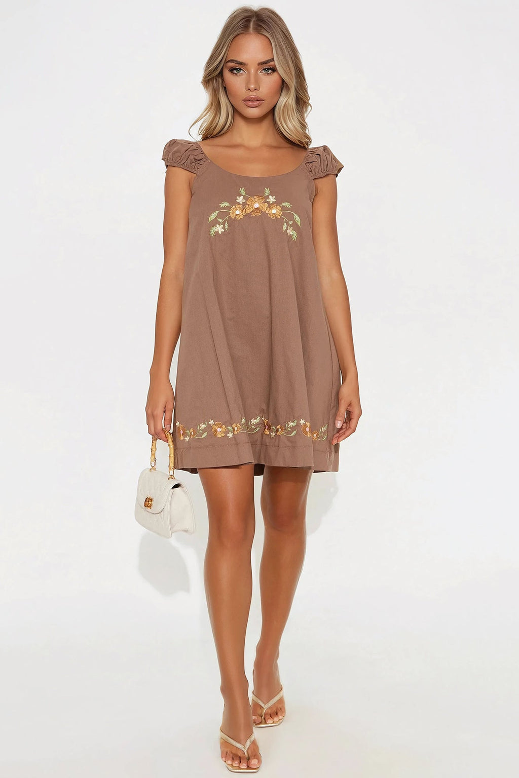 Helen Linen Floral Mini Dress - Chocolate