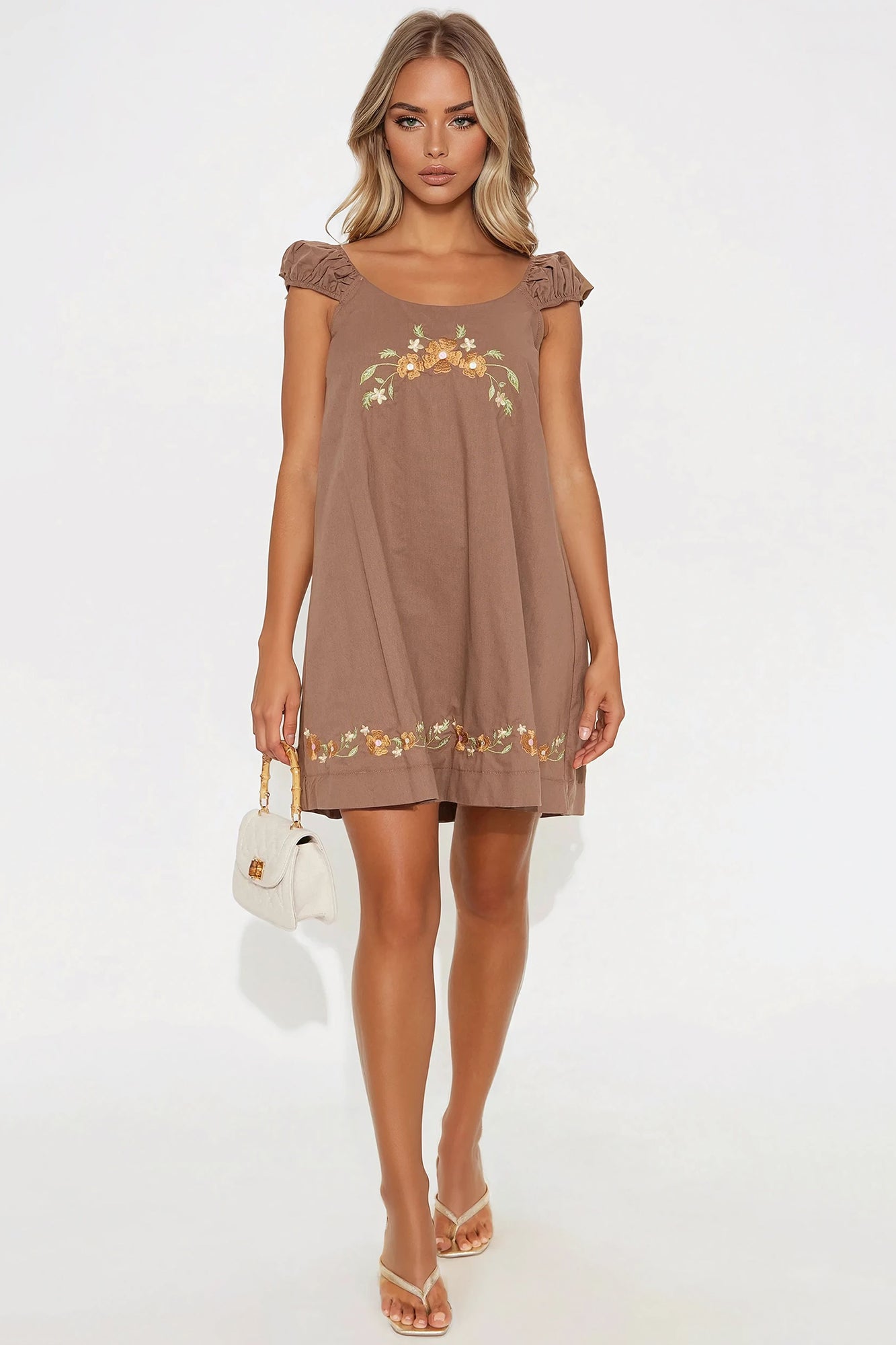Helen Linen Floral Mini Dress - Chocolate
