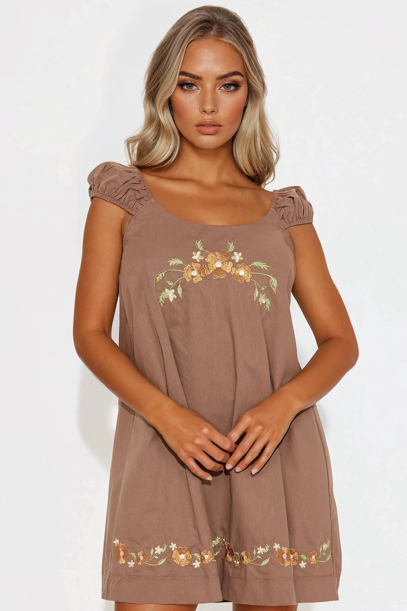 Helen Linen Floral Mini Dress - Chocolate