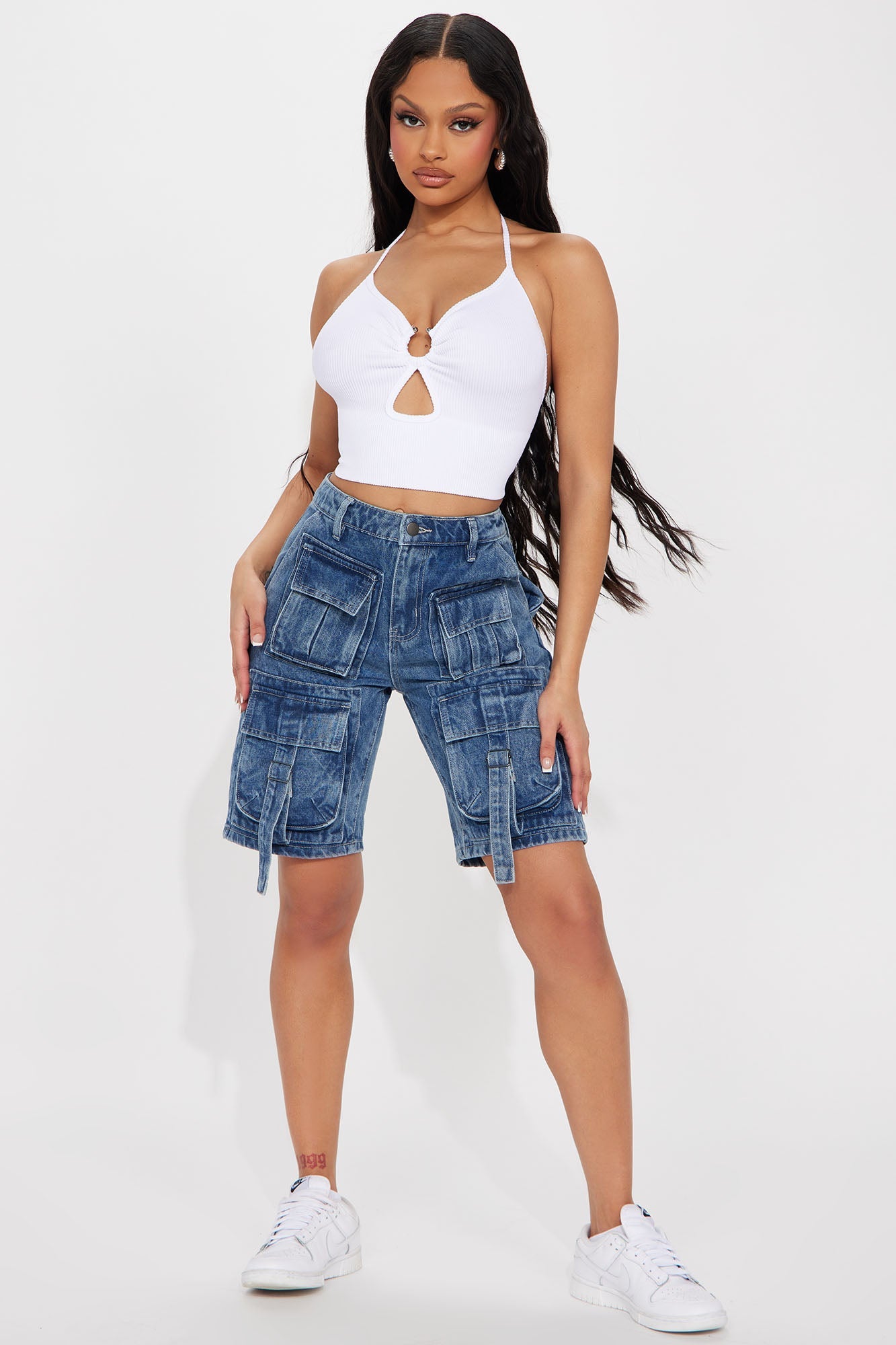 In My Own Lane Non Stretch Cargo Shorts - Medium Wash