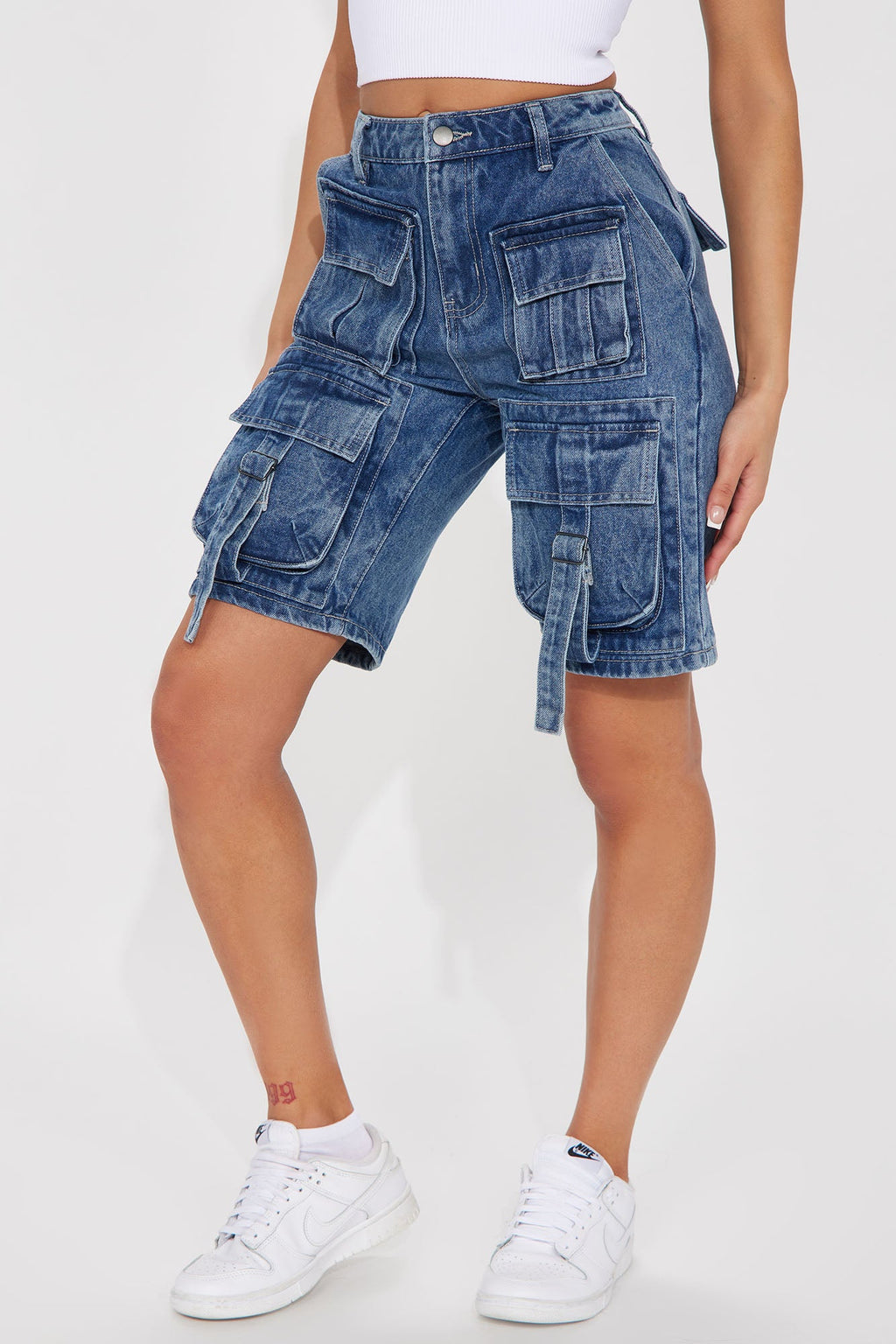 In My Own Lane Non Stretch Cargo Shorts - Medium Wash