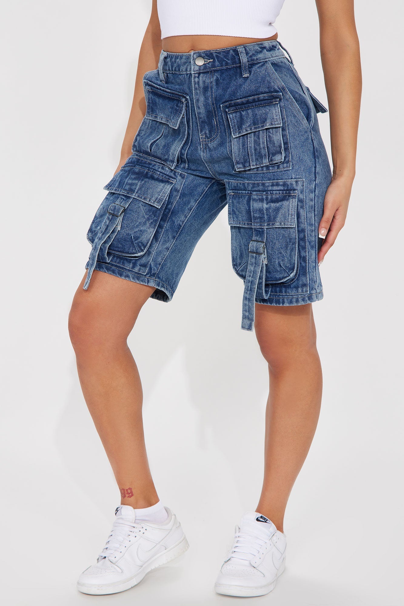 In My Own Lane Non Stretch Cargo Shorts - Medium Wash