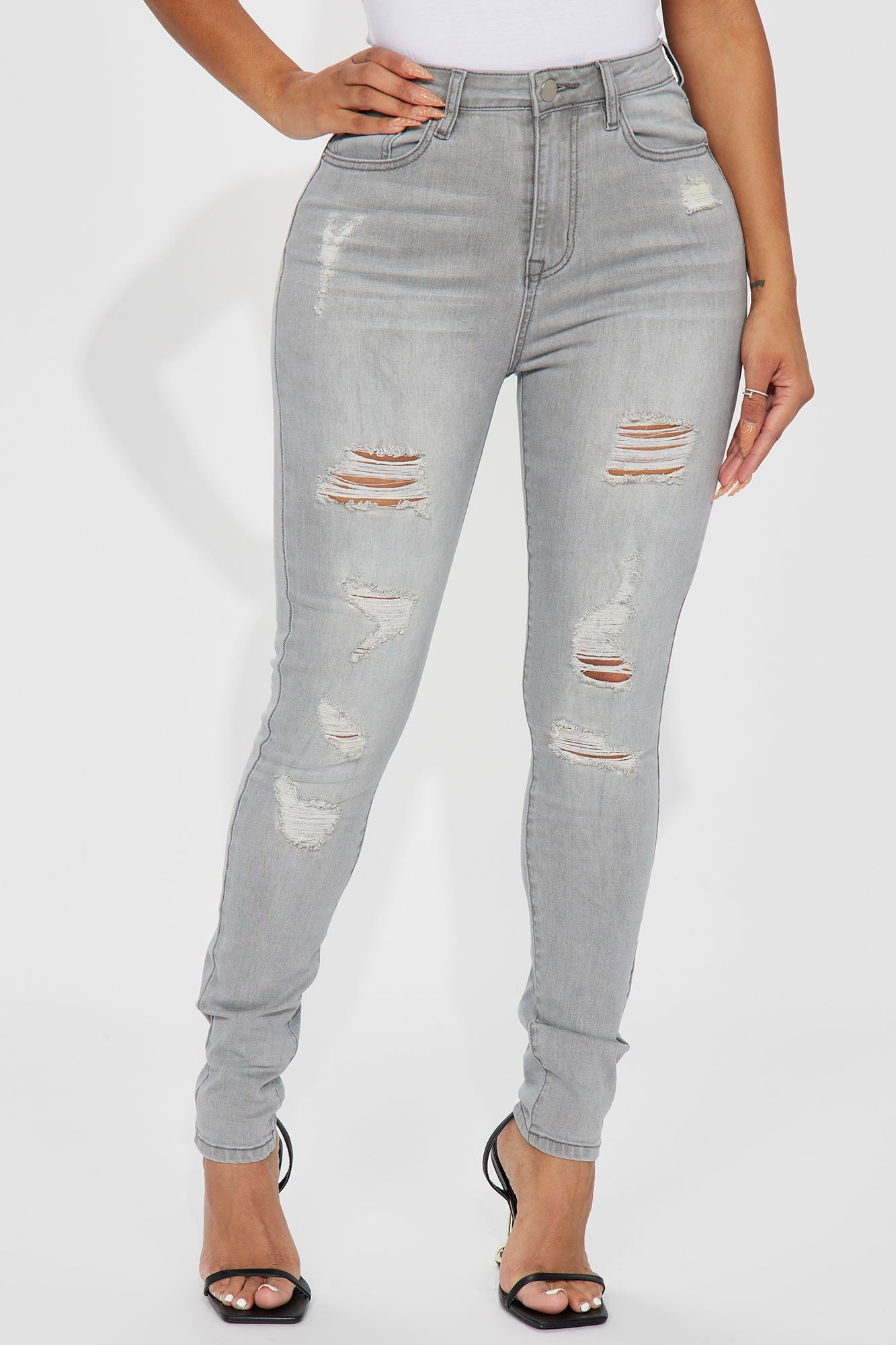 Rosie Ripped High Rise Stretch Skinny Jeans - Grey