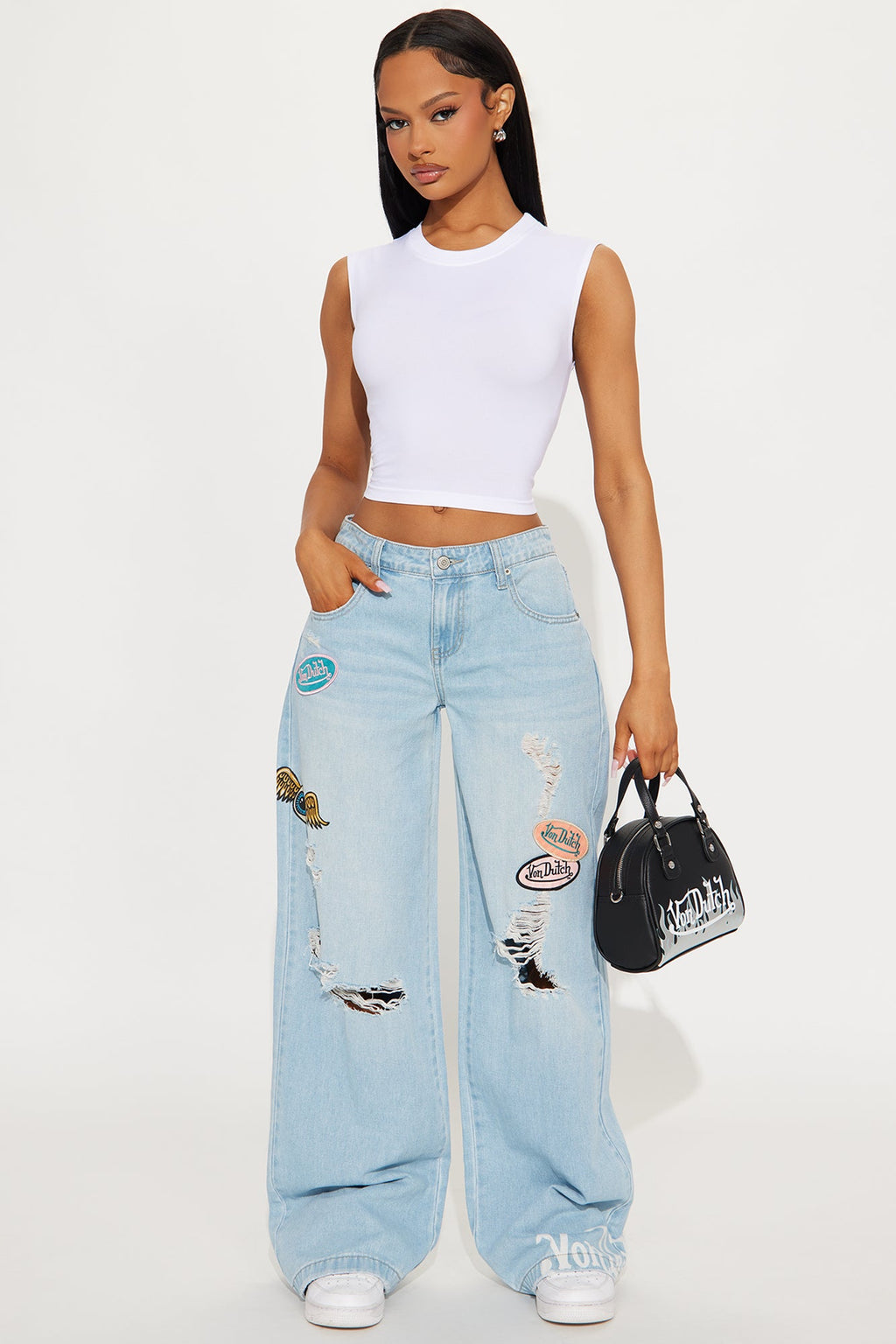 Von Dutch Patchwork Distressed Wide Leg Jeans - Medium Wash