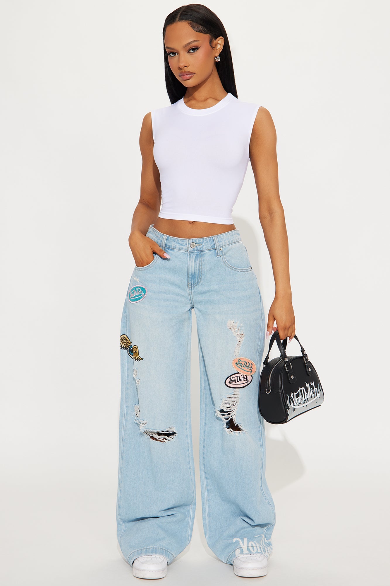 Von Dutch Patchwork Distressed Wide Leg Jeans - Medium Wash