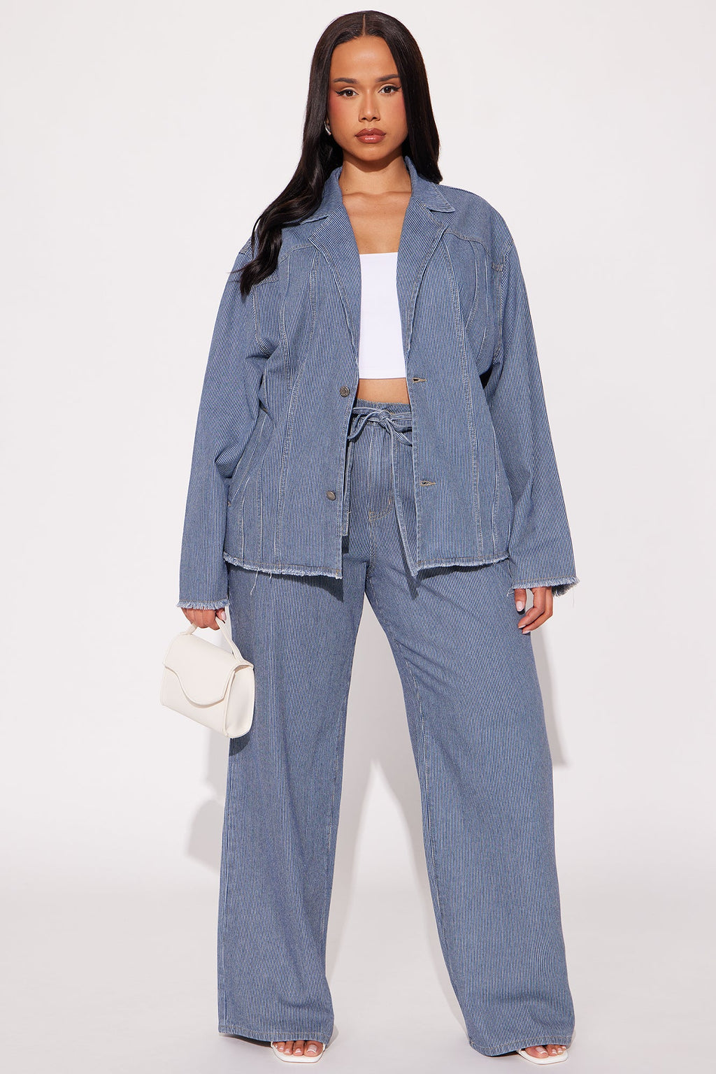 Laid Back Pinstripe Oversized Denim Blazer - Dark Wash