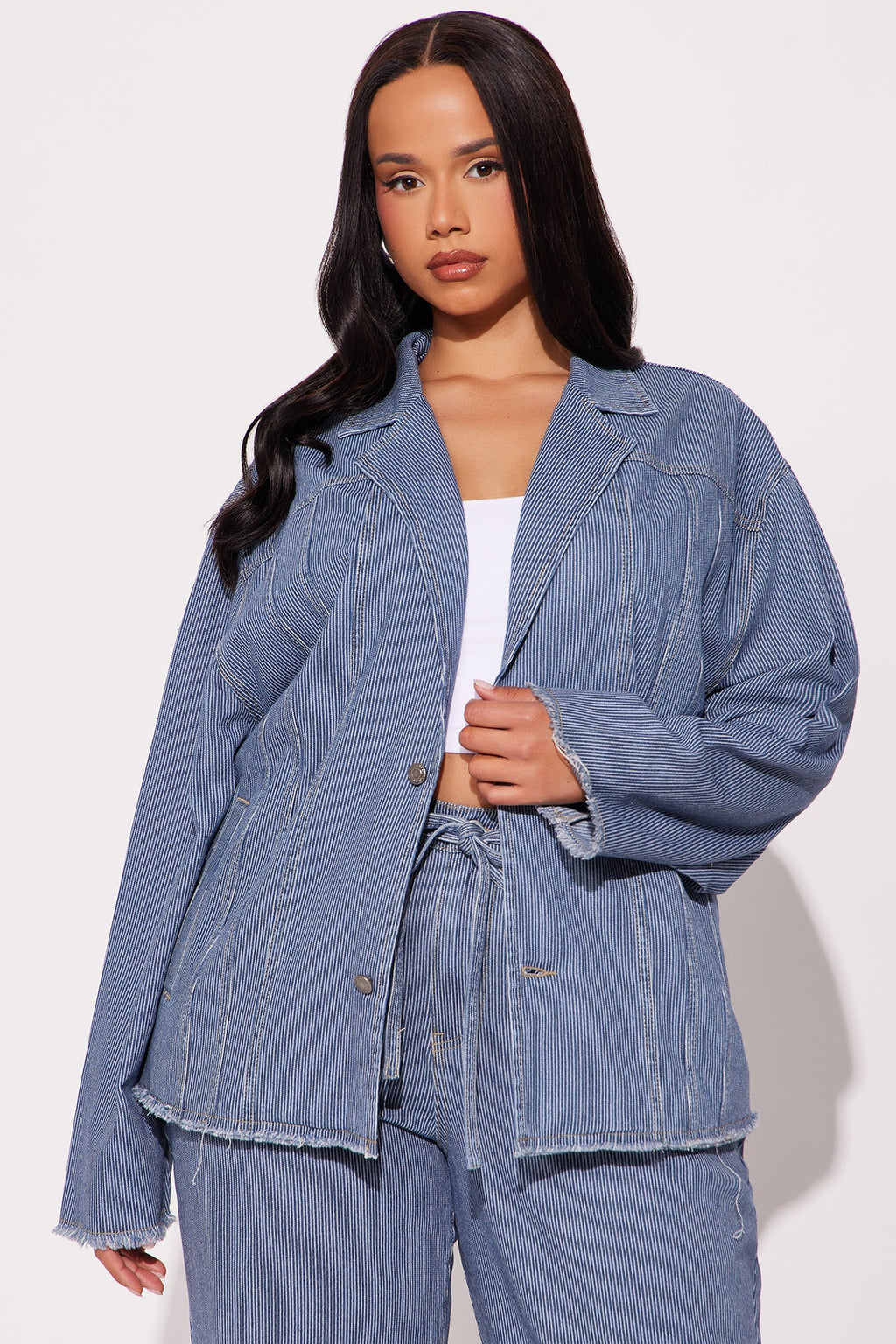 Laid Back Pinstripe Oversized Denim Blazer - Dark Wash