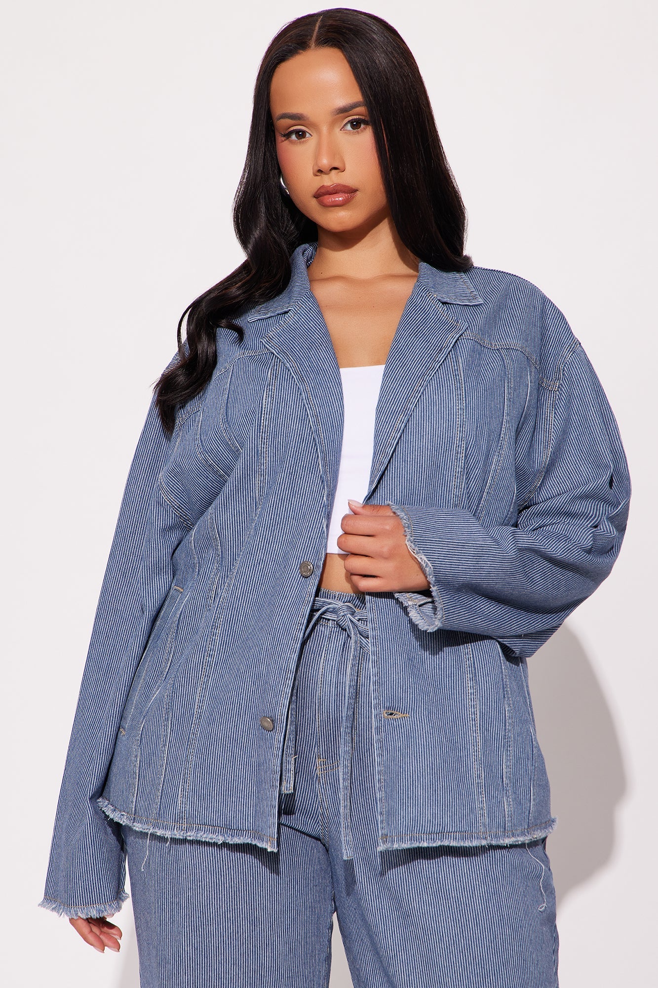 Laid Back Pinstripe Oversized Denim Blazer - Dark Wash