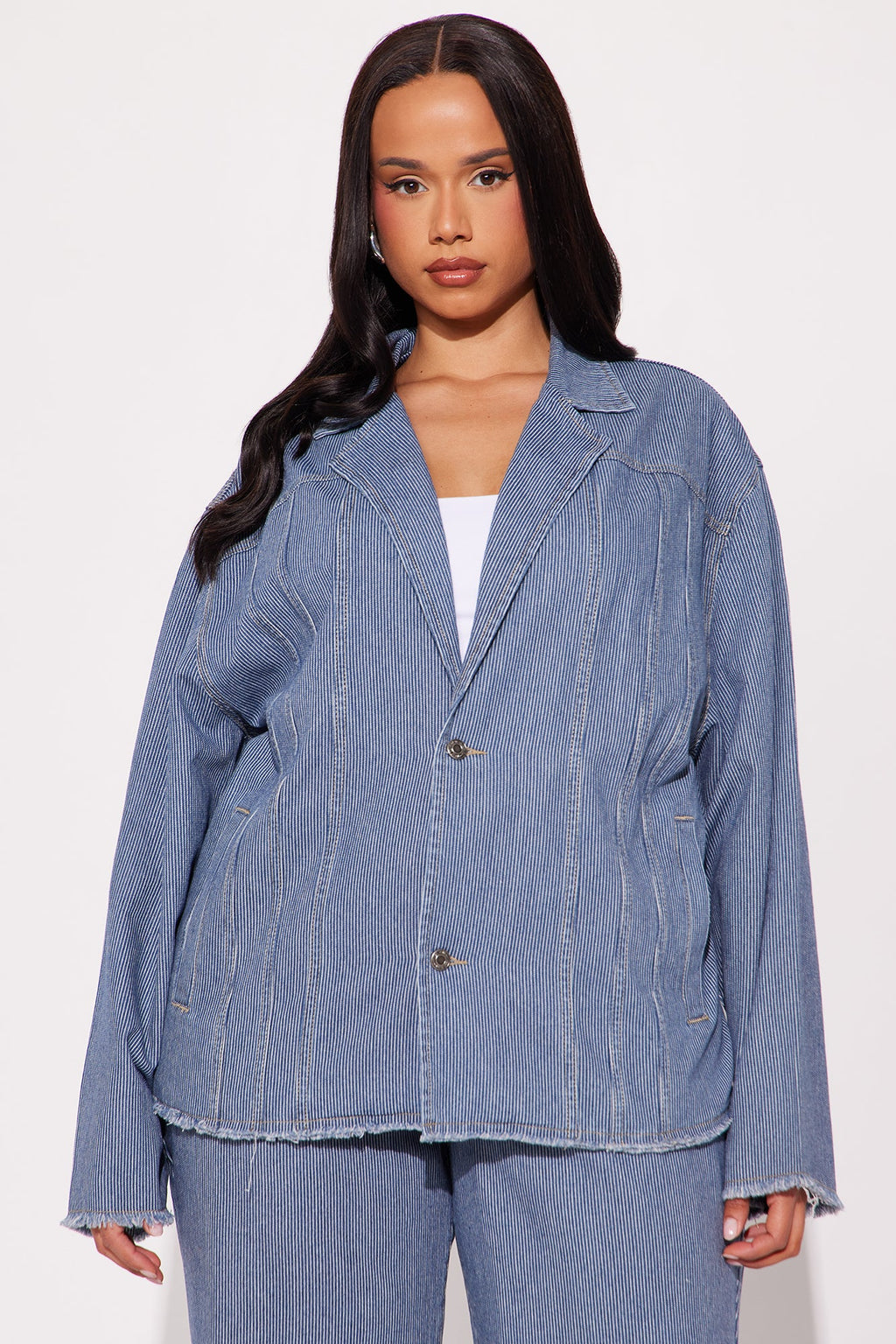 Laid Back Pinstripe Oversized Denim Blazer - Dark Wash