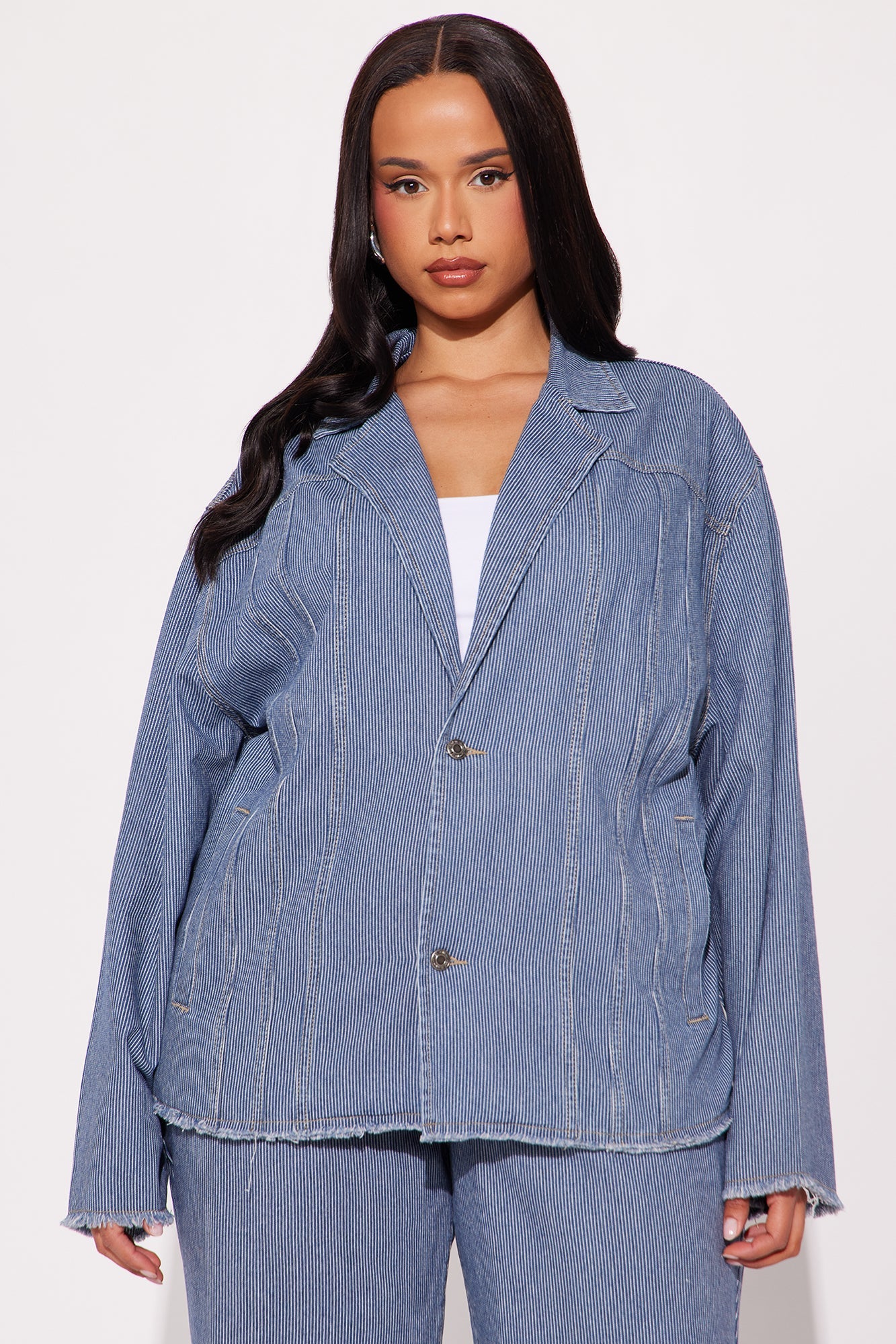 Laid Back Pinstripe Oversized Denim Blazer - Dark Wash
