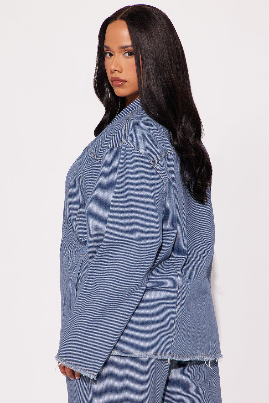 Laid Back Pinstripe Oversized Denim Blazer - Dark Wash