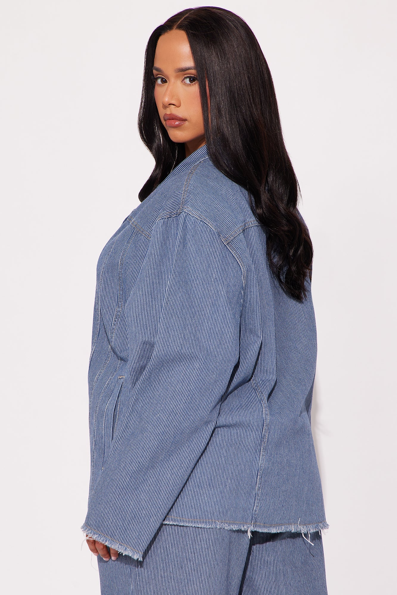 Laid Back Pinstripe Oversized Denim Blazer - Dark Wash