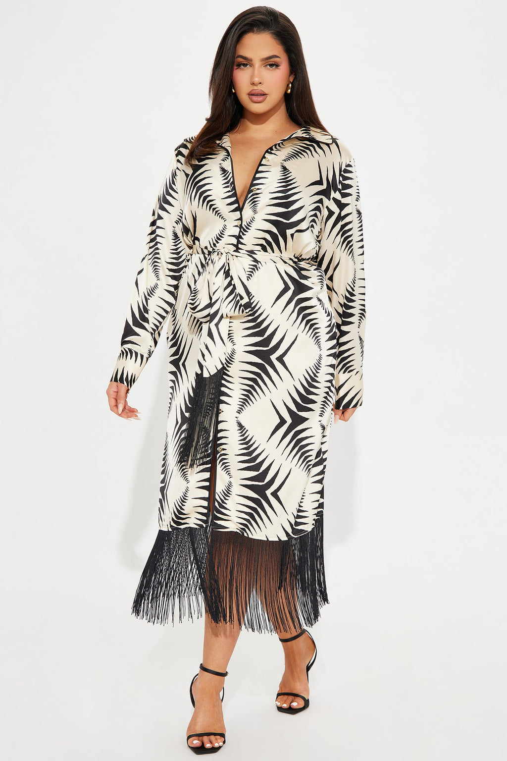 Fringe Finesse Satin Midi Dress - White/Black