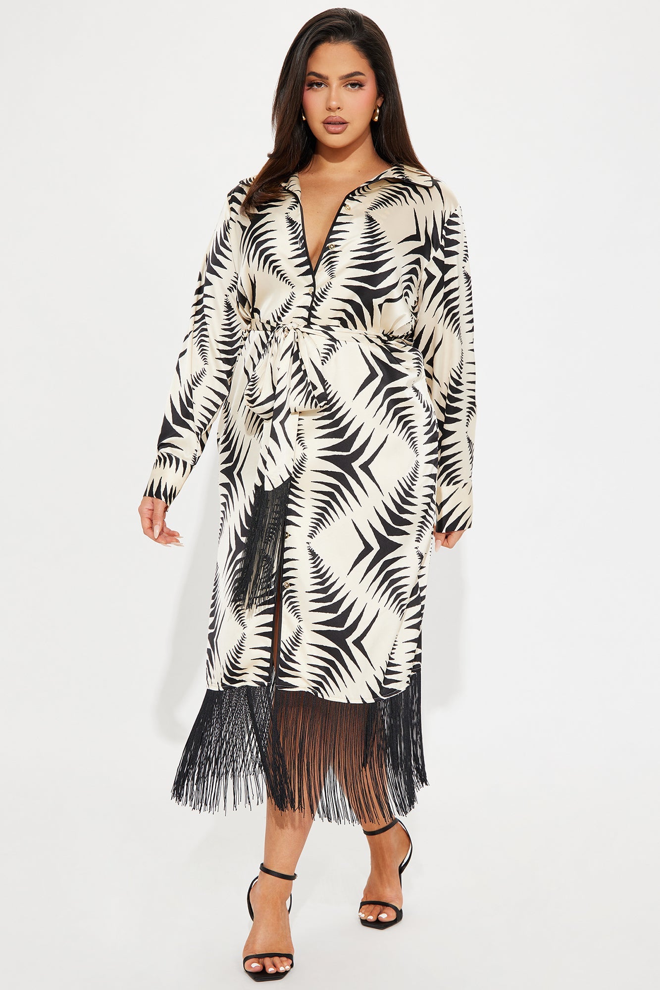 Fringe Finesse Satin Midi Dress - White/Black