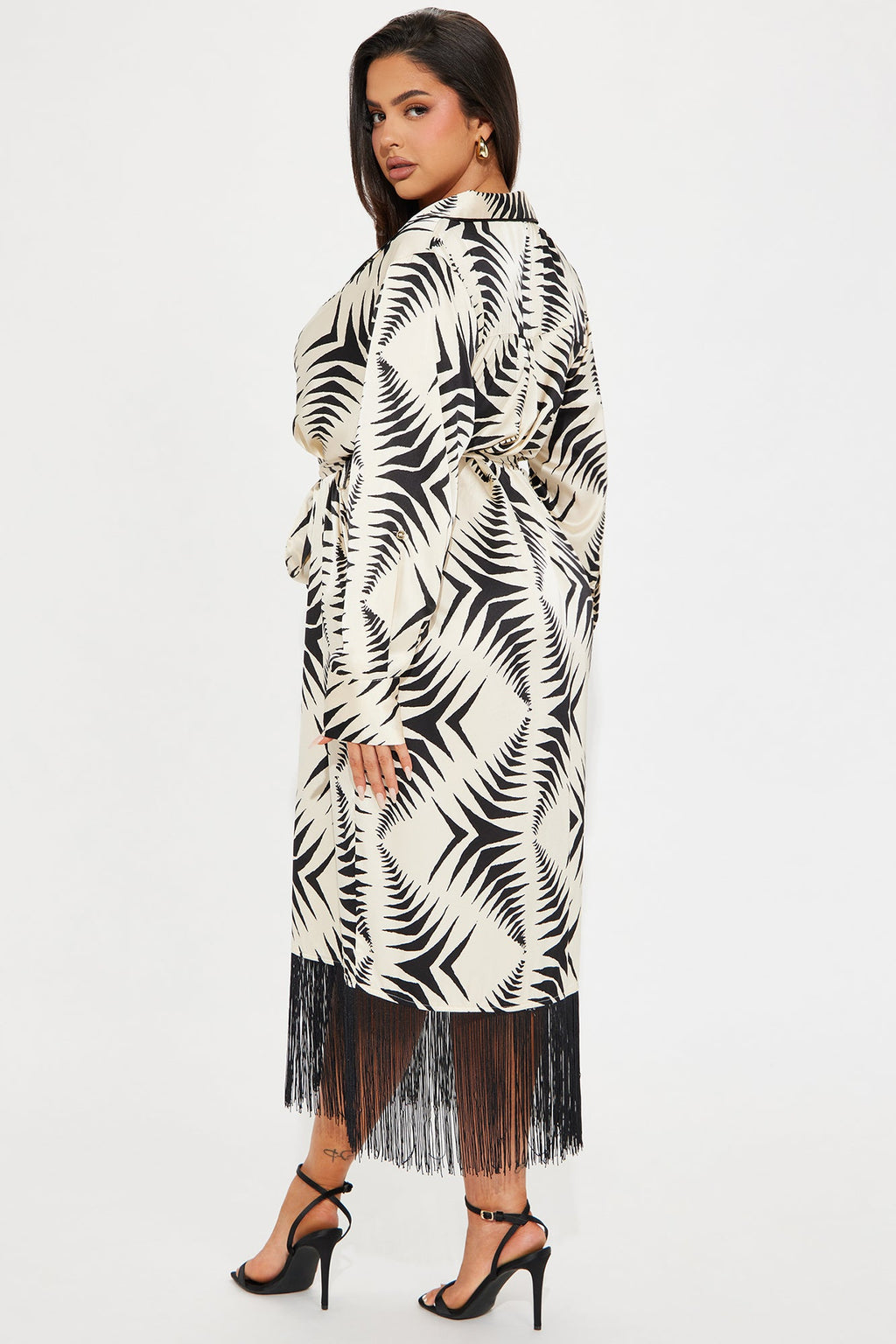 Fringe Finesse Satin Midi Dress - White/Black