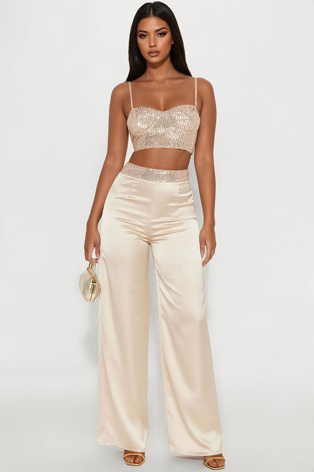 Full Of Sparkle Satin Pant Set - Champagne