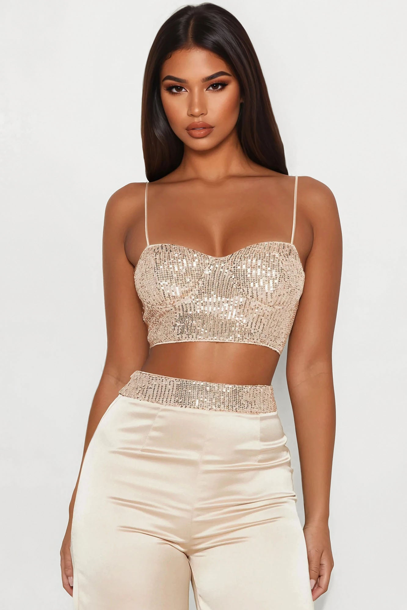 Full Of Sparkle Satin Pant Set - Champagne