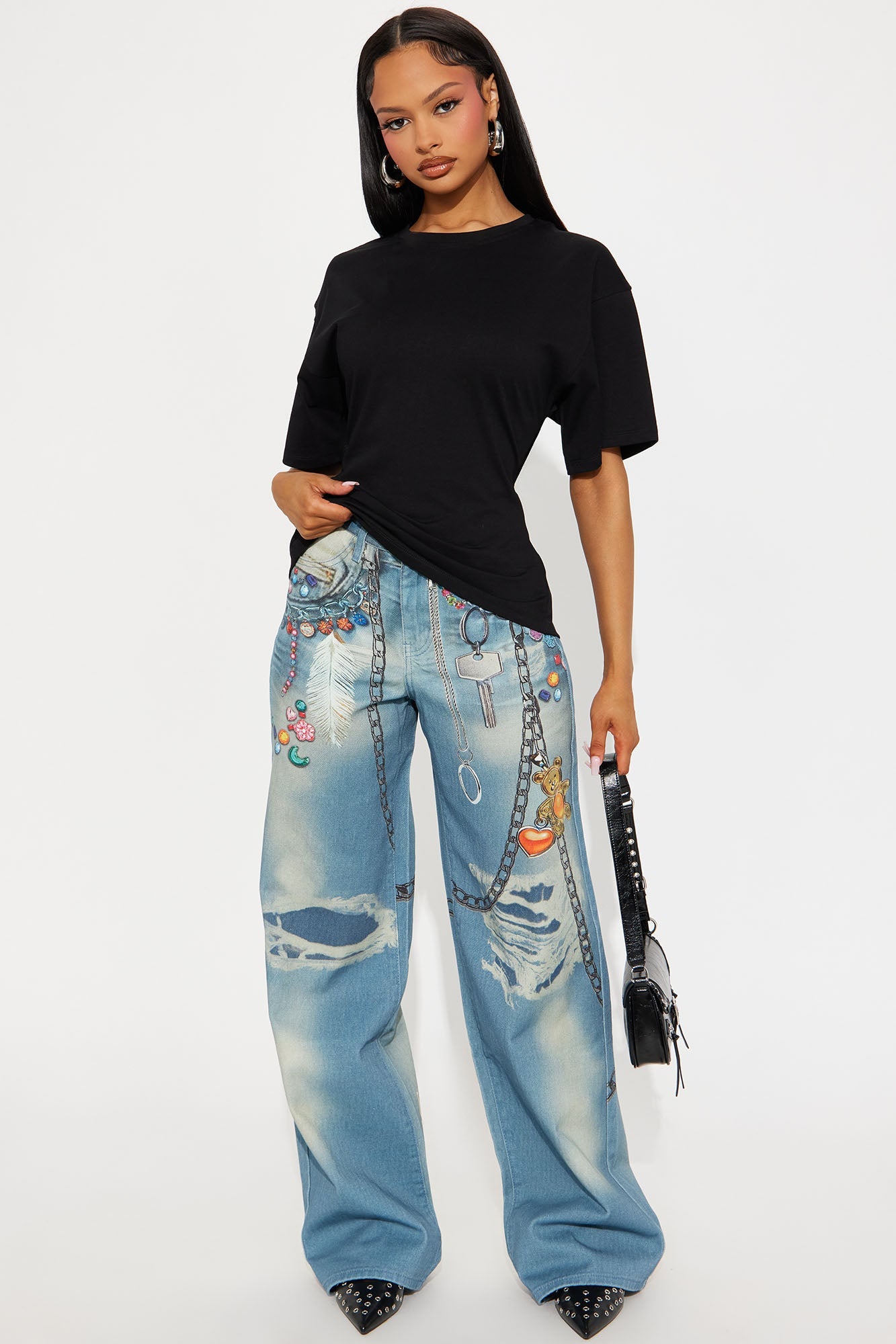 Little Charmer Printed Wide Leg Jeans - Light Wash