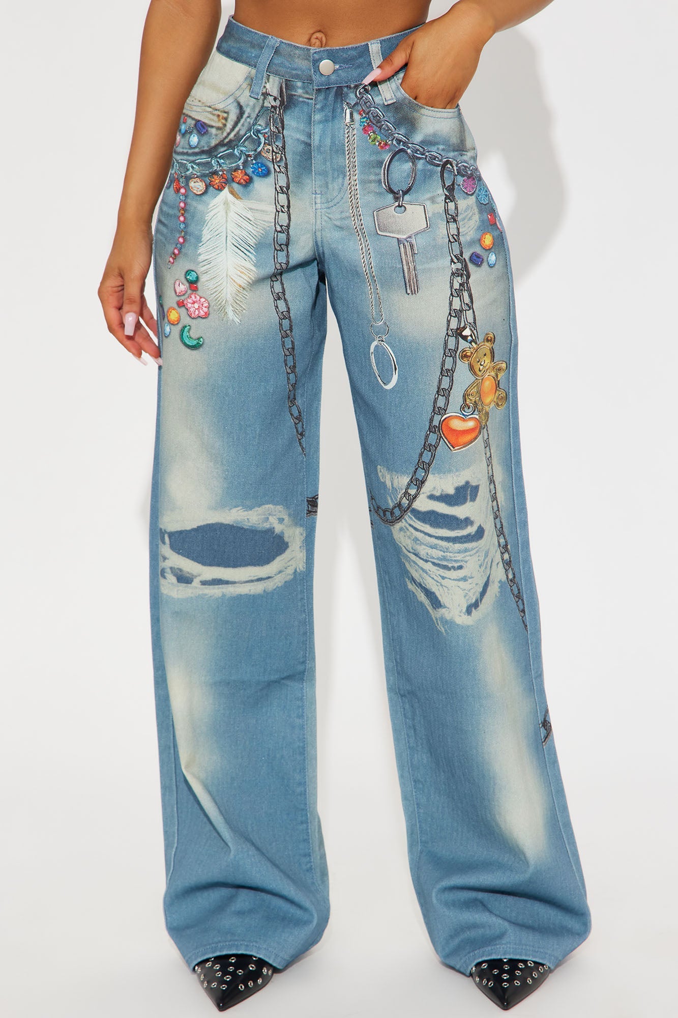 Little Charmer Printed Wide Leg Jeans - Light Wash