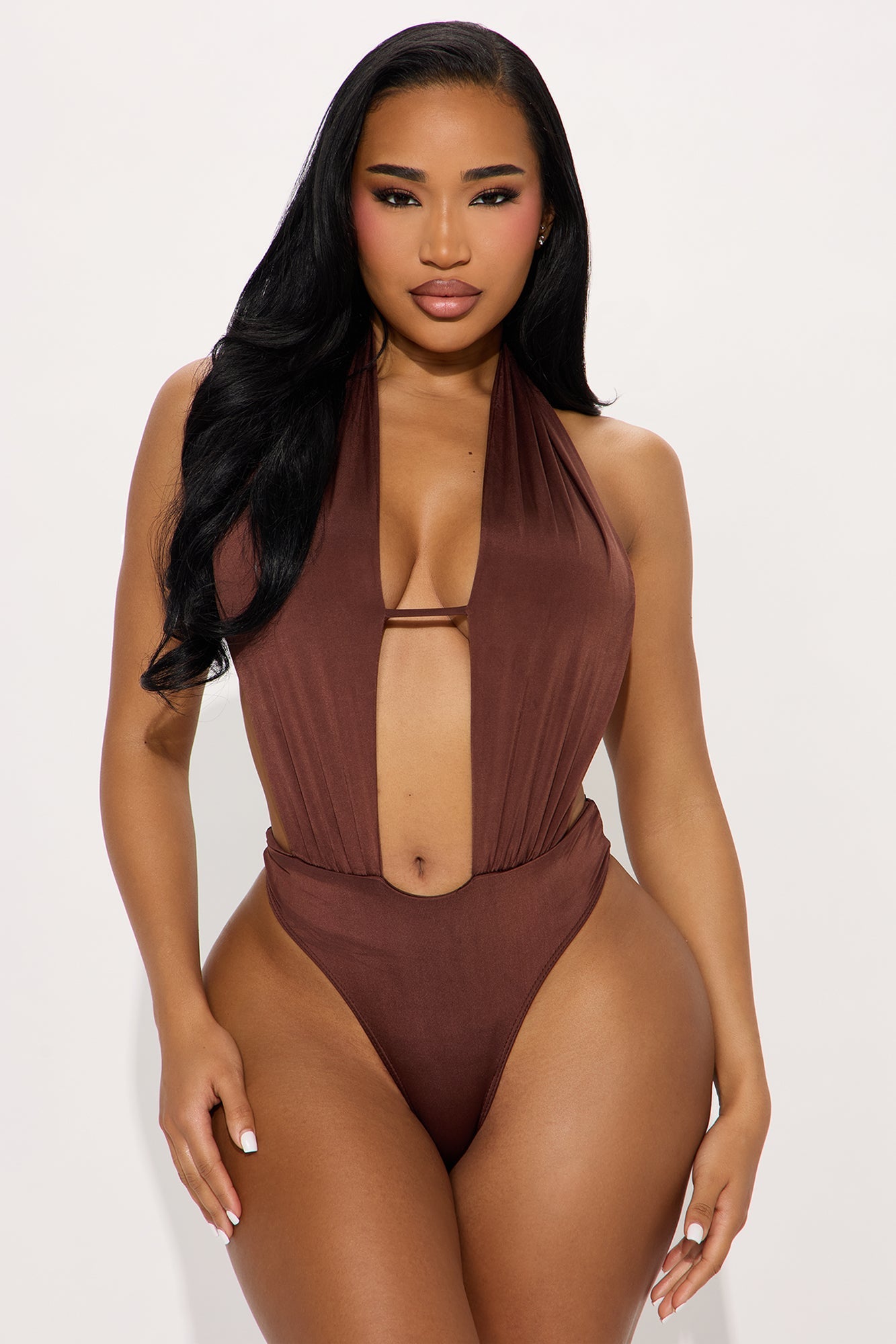 Commanding Presence Backless Halter Bodysuit - Chocolate
