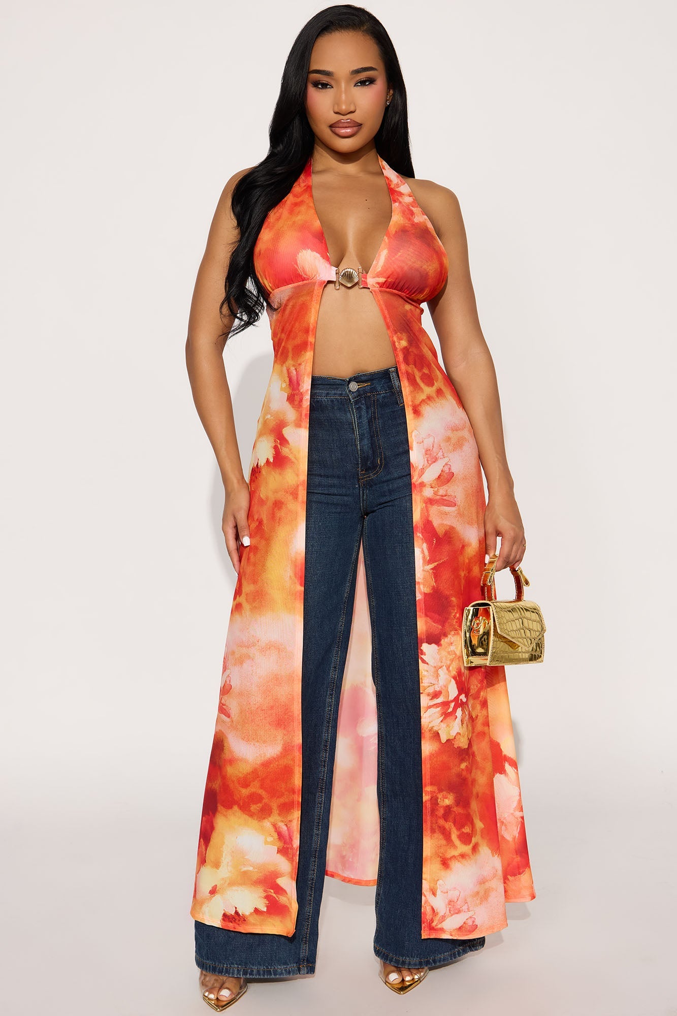 Island Breeze Mesh Halter Maxi Top - Orange/combo