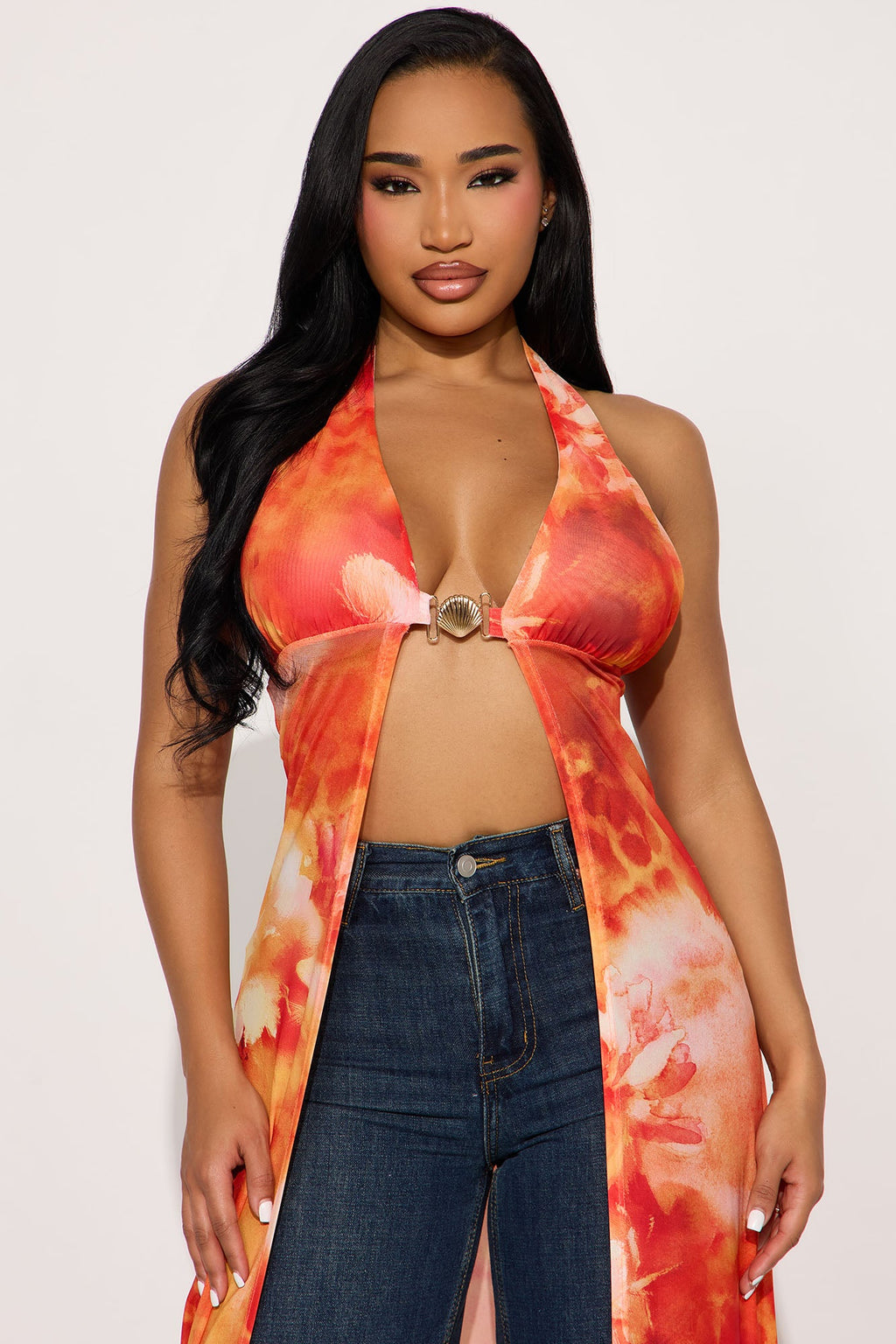 Island Breeze Mesh Halter Maxi Top - Orange/combo