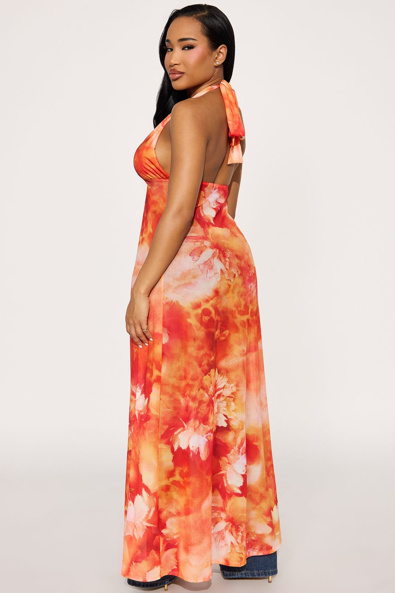 Island Breeze Mesh Halter Maxi Top - Orange/combo