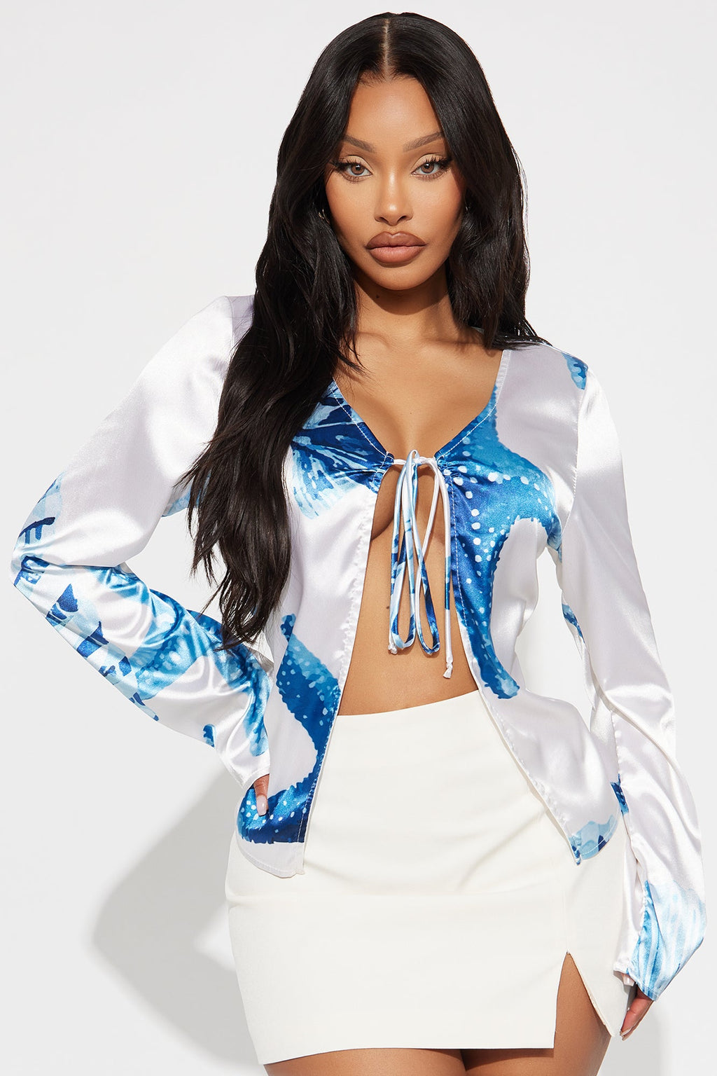 Starfish And Shells Satin Flyaway Top - Blue/combo