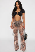 Talk To You Later Animal Print Mesh Flare Pant - Brown/combo