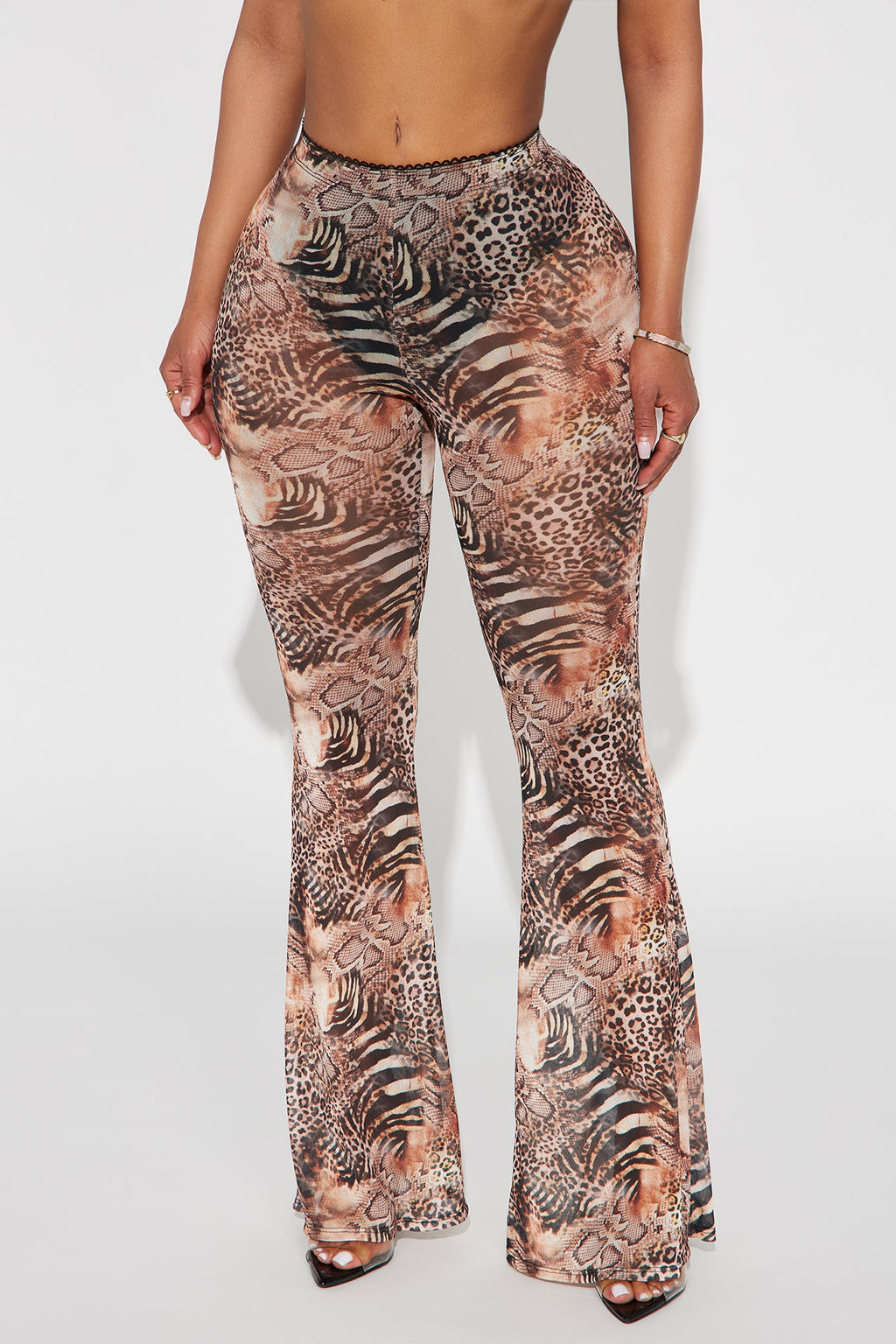 Talk To You Later Animal Print Mesh Flare Pant - Brown/combo