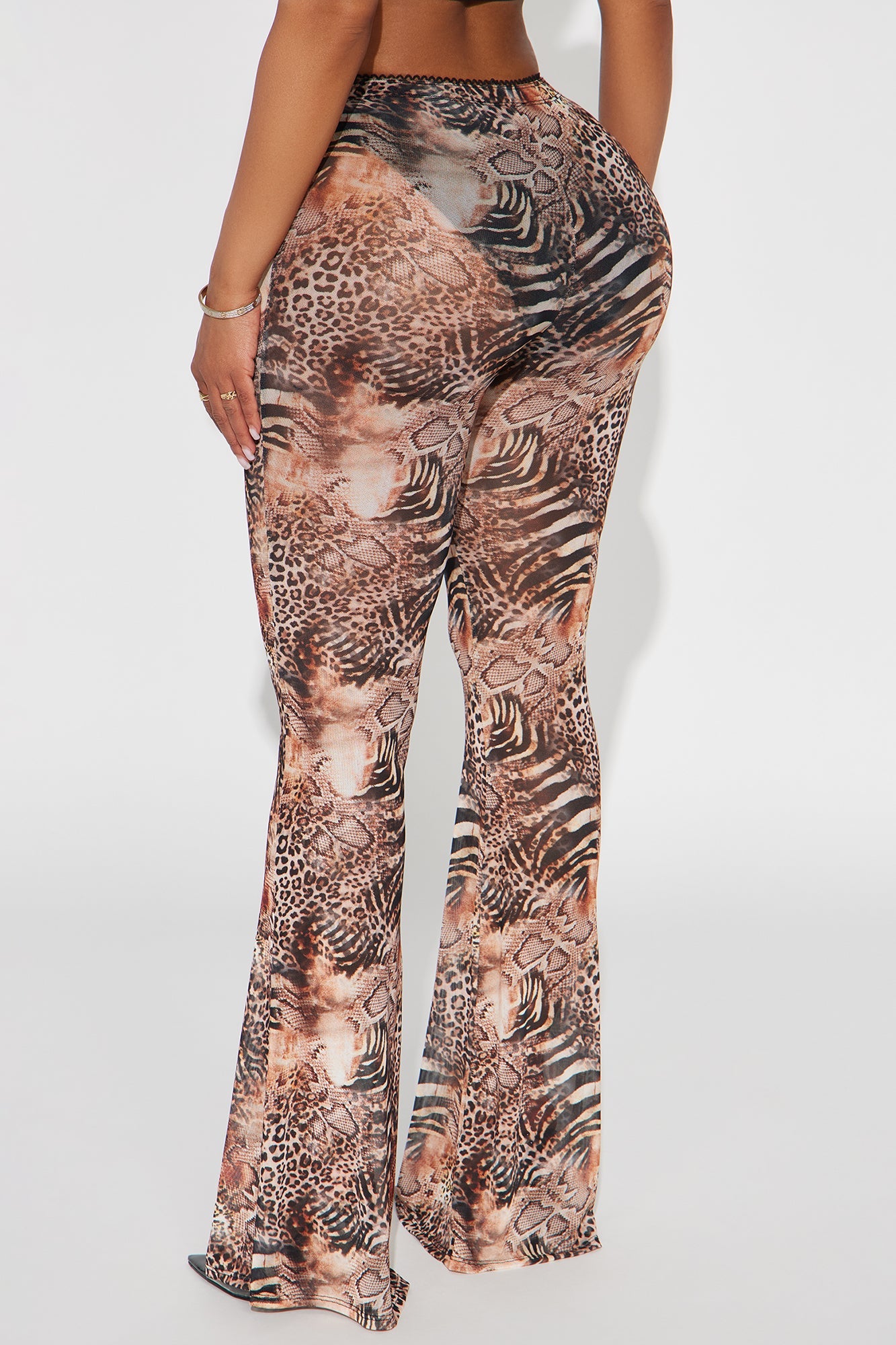 Talk To You Later Animal Print Mesh Flare Pant - Brown/combo