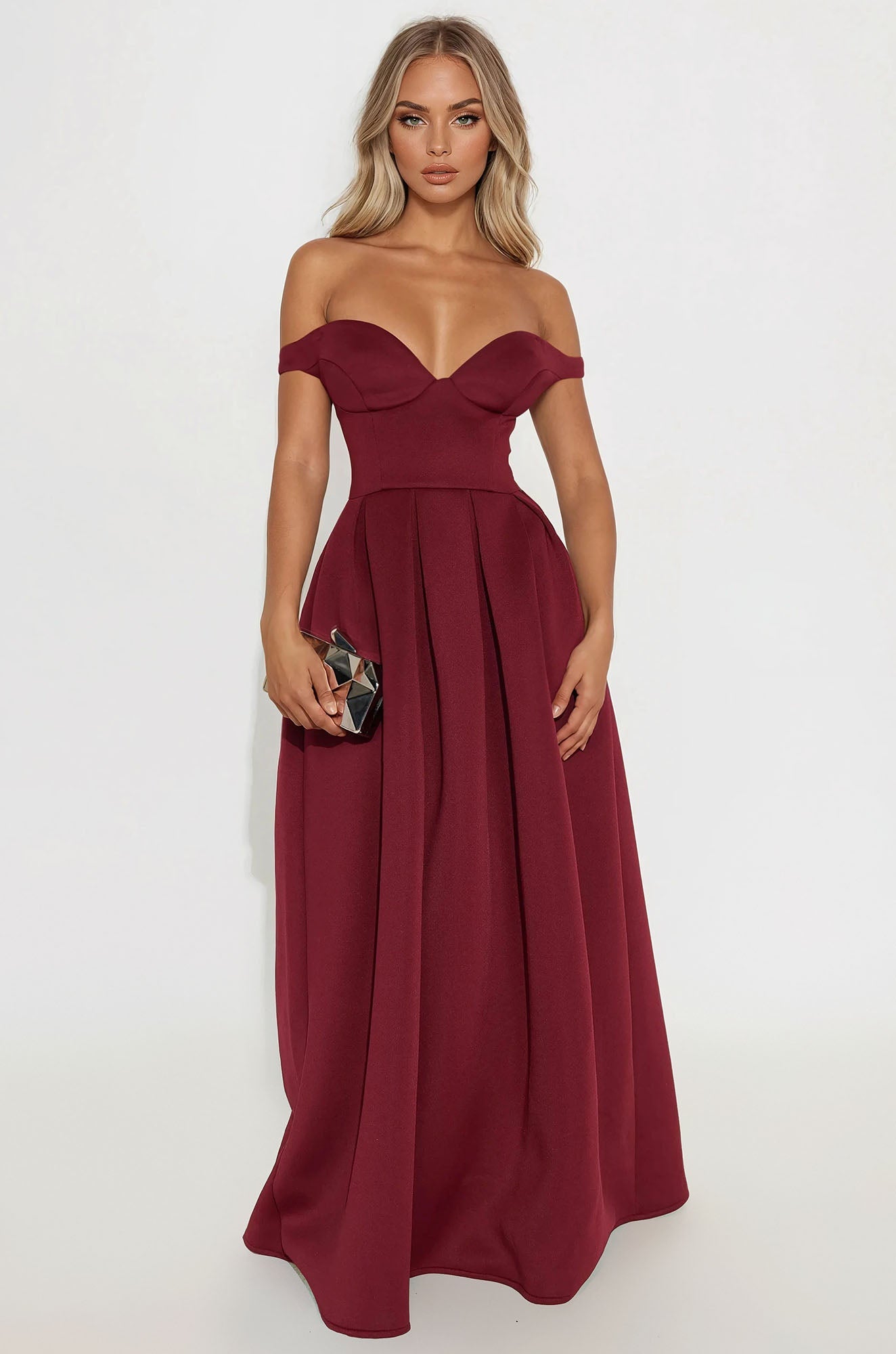 Grand Beauty Off Shoulder Maxi Dress - Burgundy