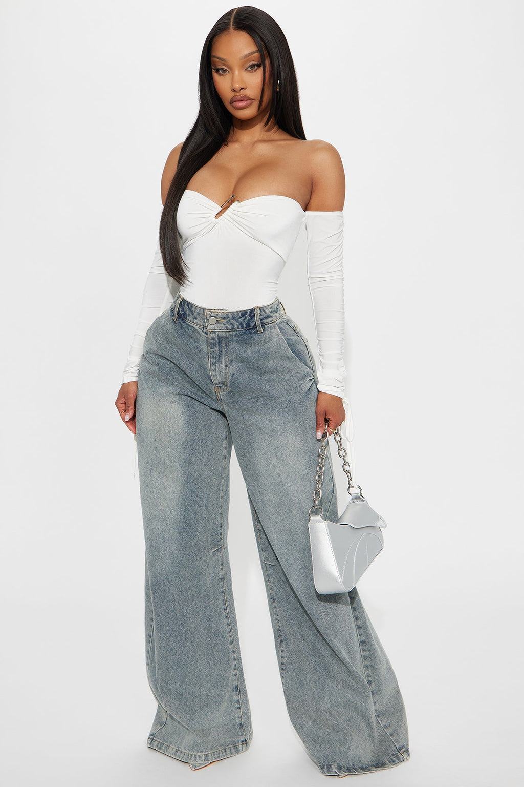 Mesmerizing Day Ruched Off Shoulder Bodysuit - White