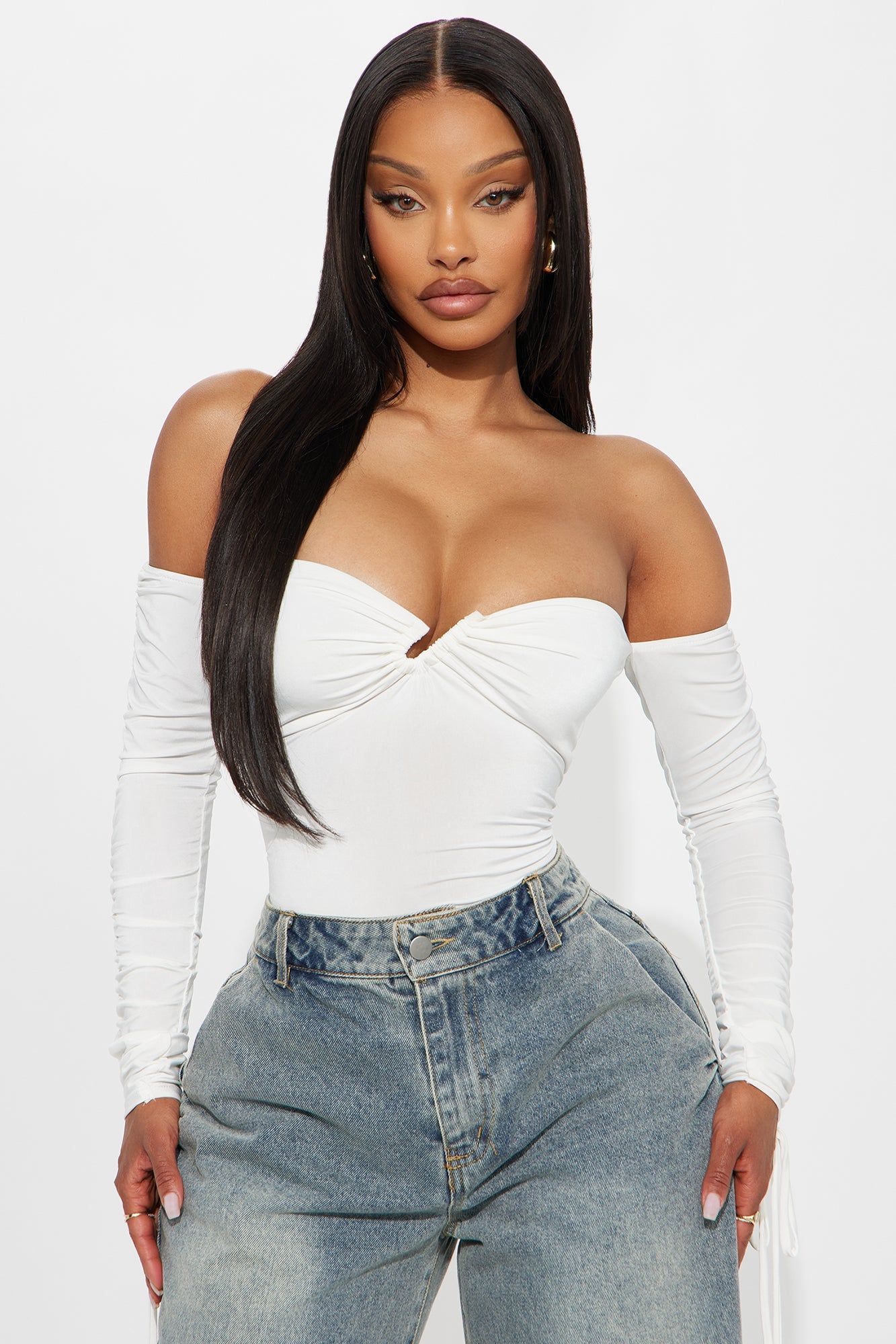 Mesmerizing Day Ruched Off Shoulder Bodysuit - White