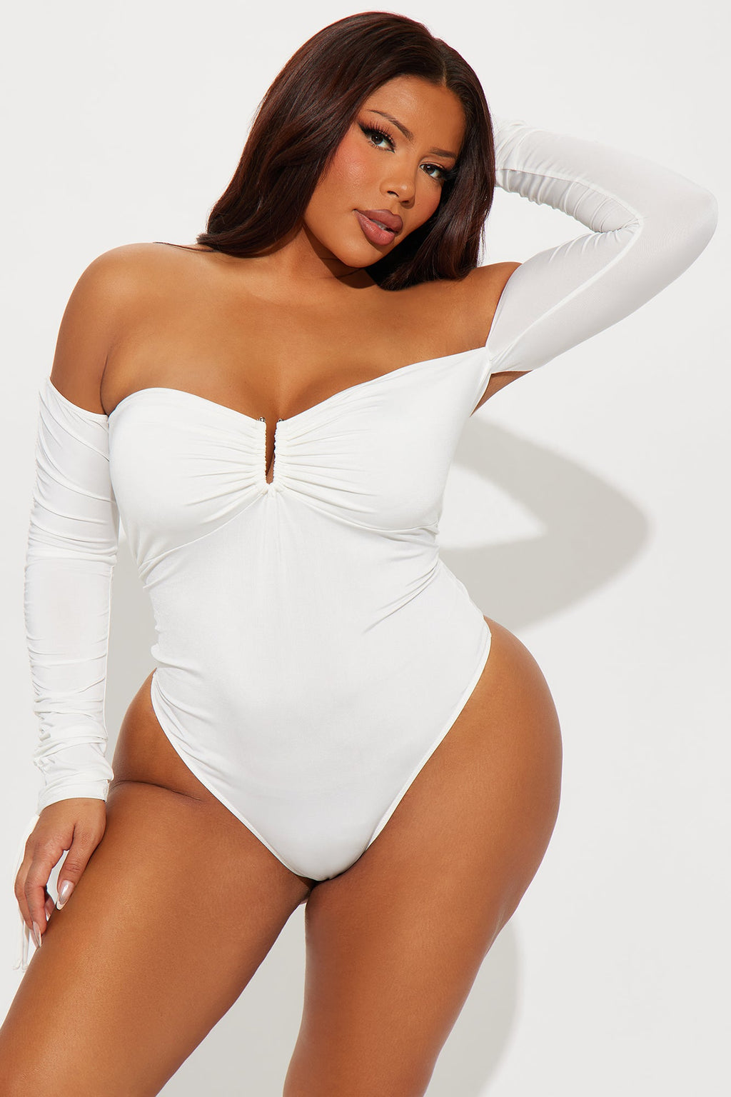 Mesmerizing Day Ruched Off Shoulder Bodysuit - White