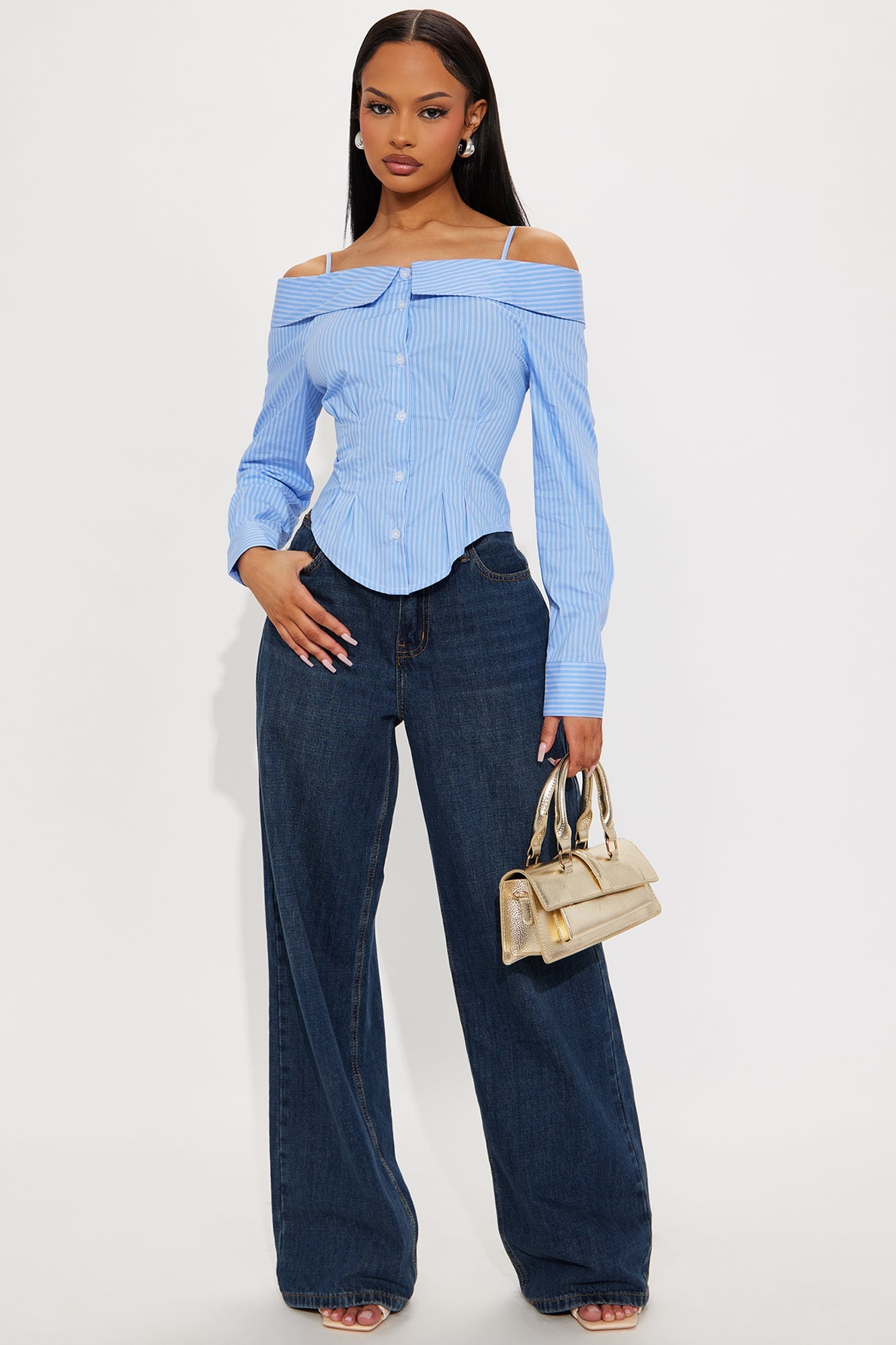 Perfectionist Off Shoulder Striped Poplin Shirt - Blue/combo