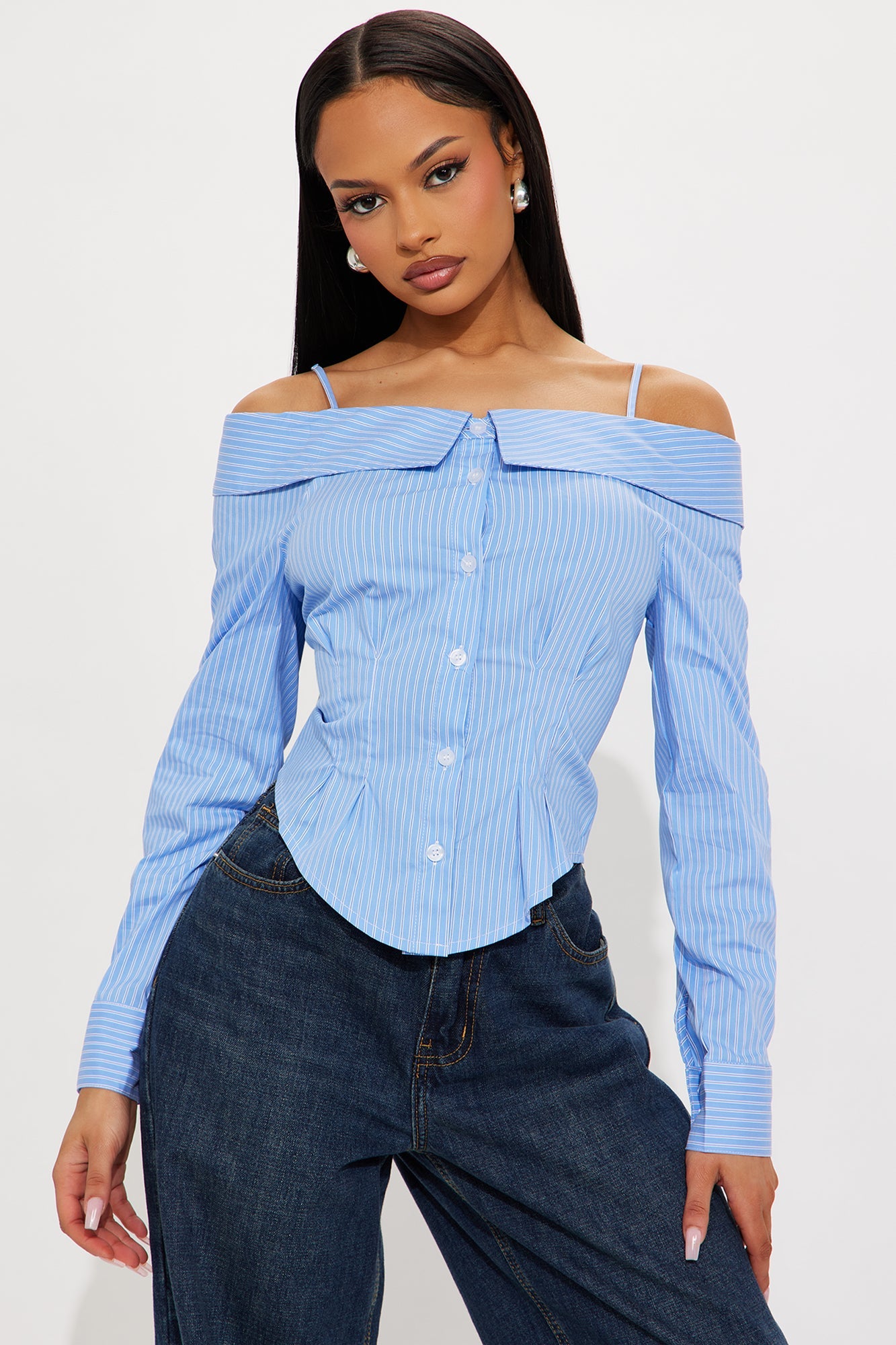 Perfectionist Off Shoulder Striped Poplin Shirt - Blue/combo