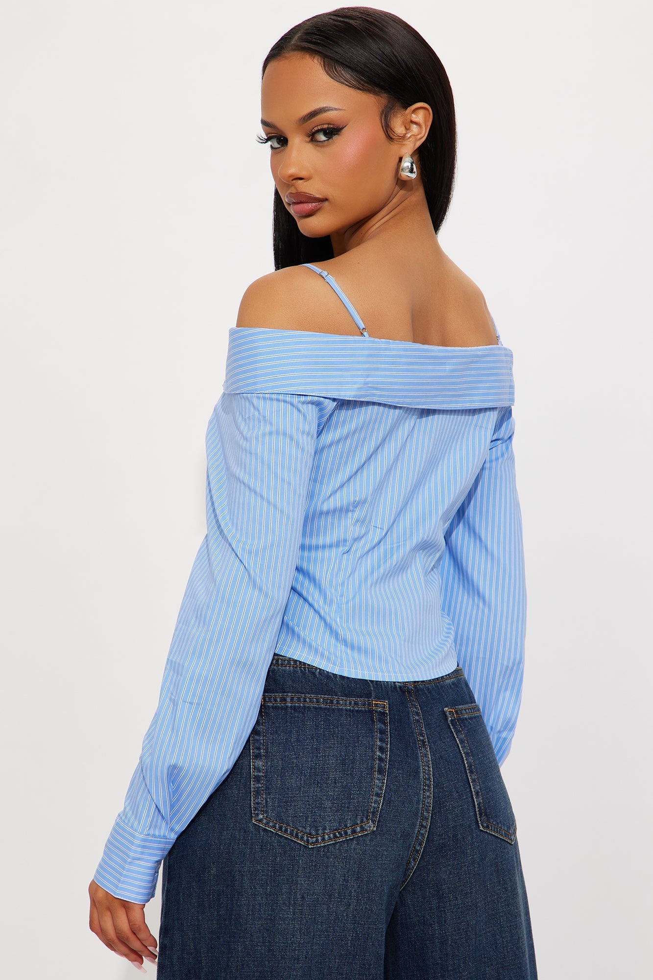 Perfectionist Off Shoulder Striped Poplin Shirt - Blue/combo