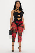 Melody Mesh Floral Capri Legging - Red/combo
