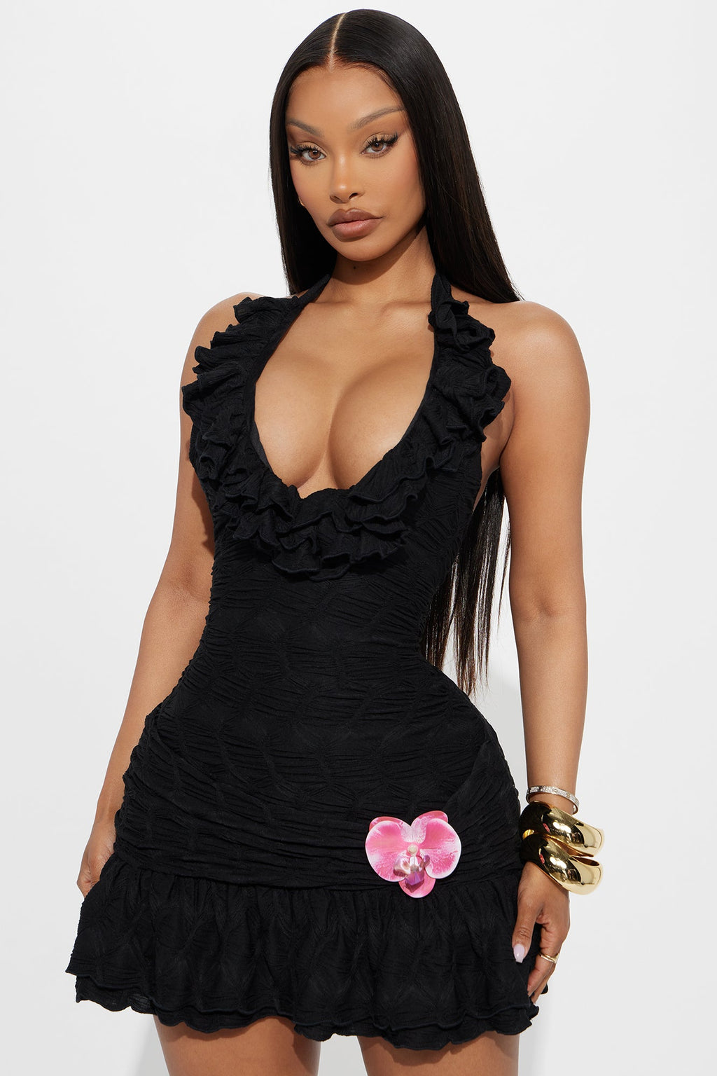 Armanita Orchid Textured Halter Mini Dress - Black