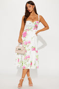Fresh Roses Satin Floral Midi Dress - Multi Color