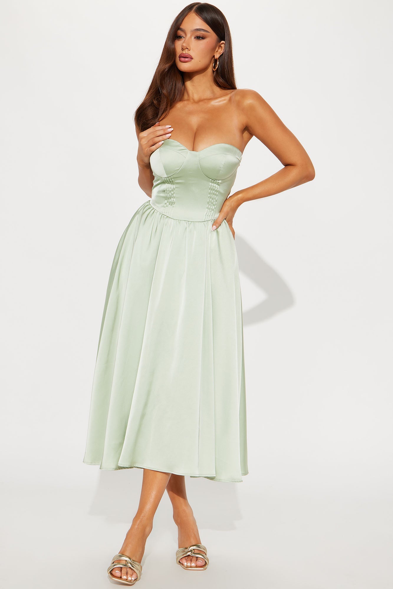 New Beginnings Satin Midi Dress - Sage
