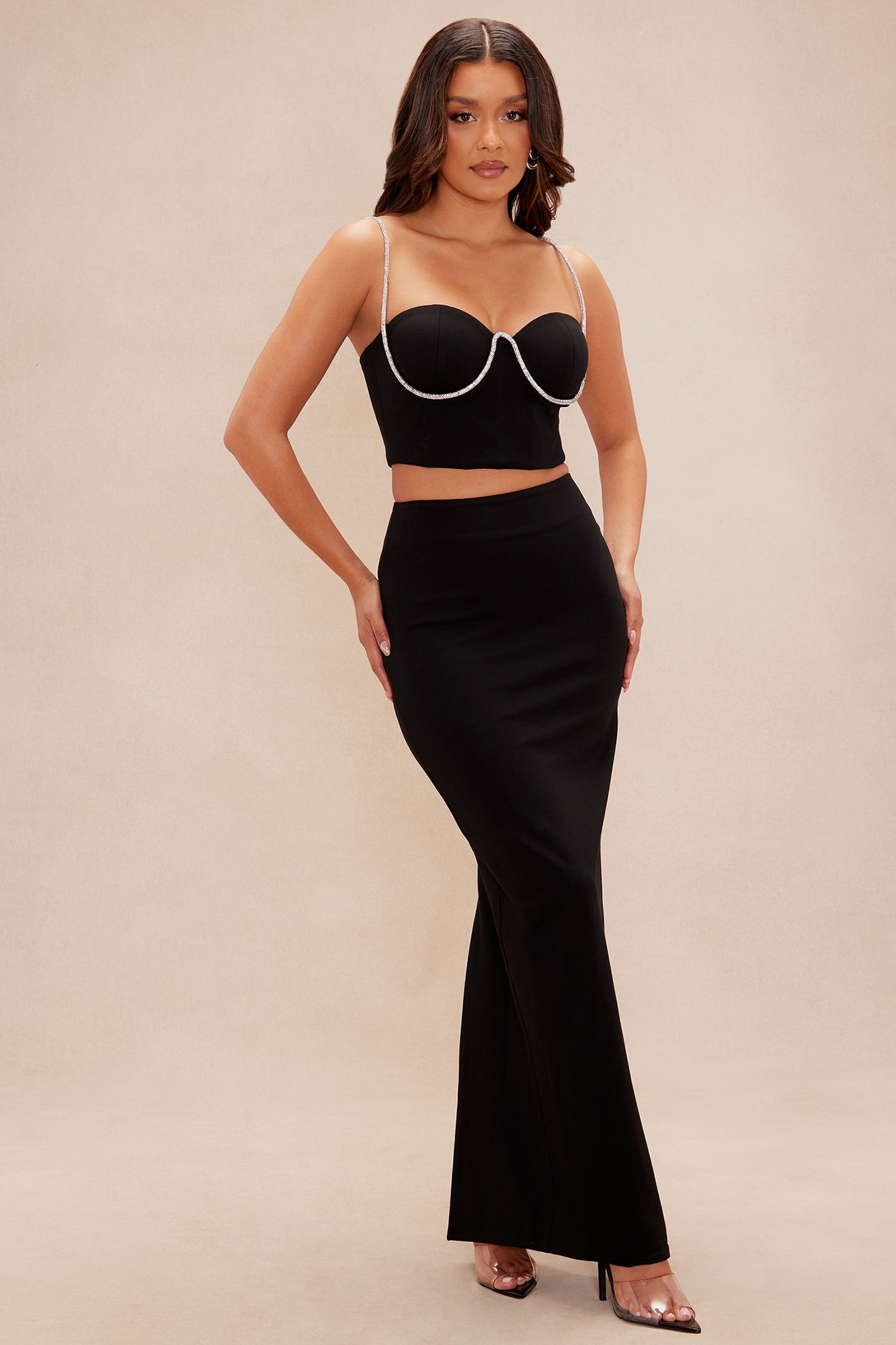 Serena Embellished Maxi Skirt Set - Black